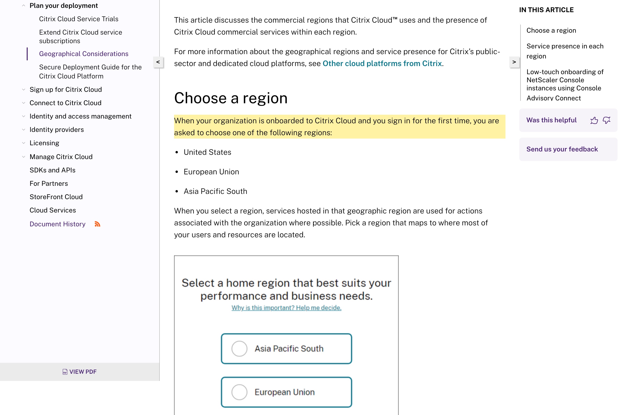 Citrix Cloud 'Geographical Considerations' documentation, 'Choose a region' section, stating that when an organization is onboarded it is asked to choose one of three regions — United States, European Union, Asia Pacific South — and the 'Service presence in each region' table showing the Citrix Cloud control plane running in those three regions, with no mainland-China region