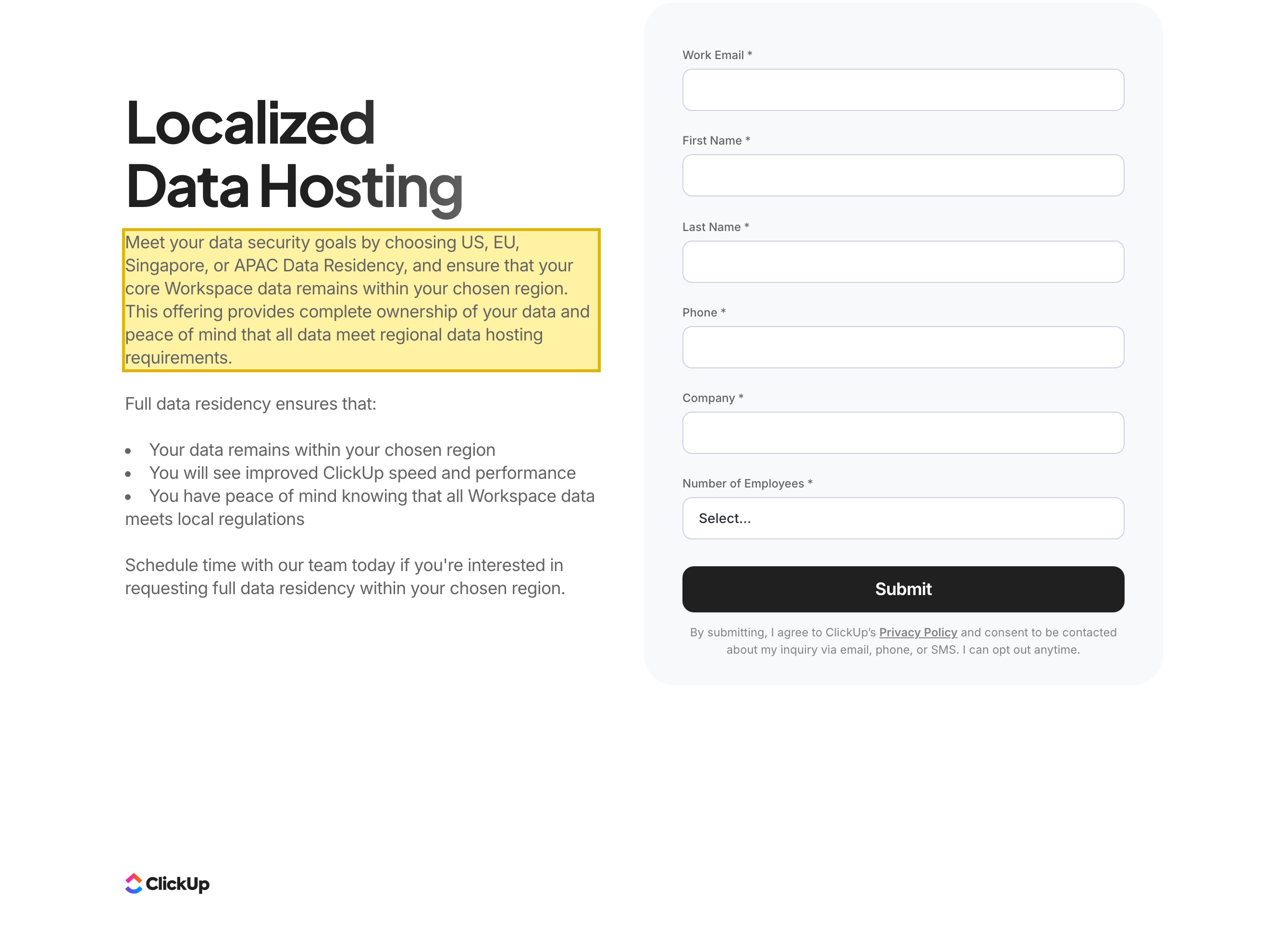 ClickUp's 'Localized Data Hosting' page stating that customers can choose US, EU, Singapore, or APAC Data Residency to ensure their core Workspace data remains within the chosen region, with mainland China absent from the list of regions