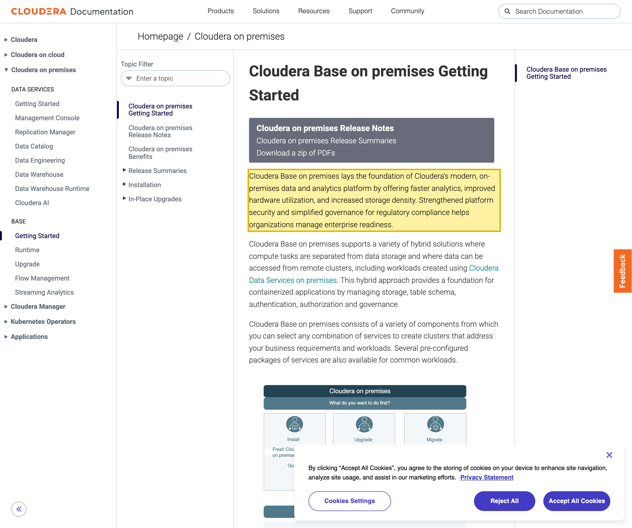 Cloudera's documentation page for Cloudera on premises, stating that Cloudera Base on premises lays the foundation of Cloudera's modern, on-premises data and analytics platform — a deployment you run on your own infrastructure