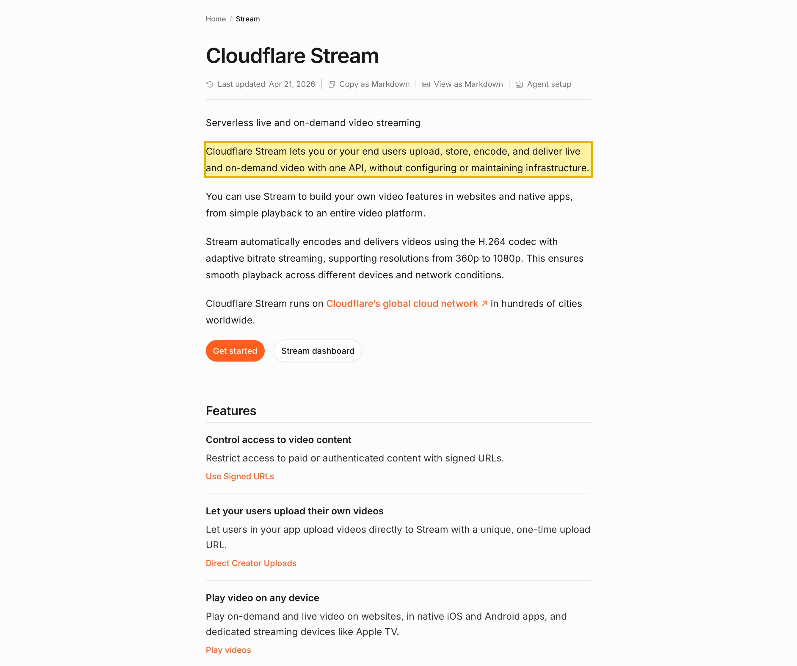 Cloudflare's developer documentation overview for Cloudflare Stream, describing it as a service that lets you or your end users upload, store, encode, and deliver live and on-demand video with one API, without configuring or maintaining infrastructure
