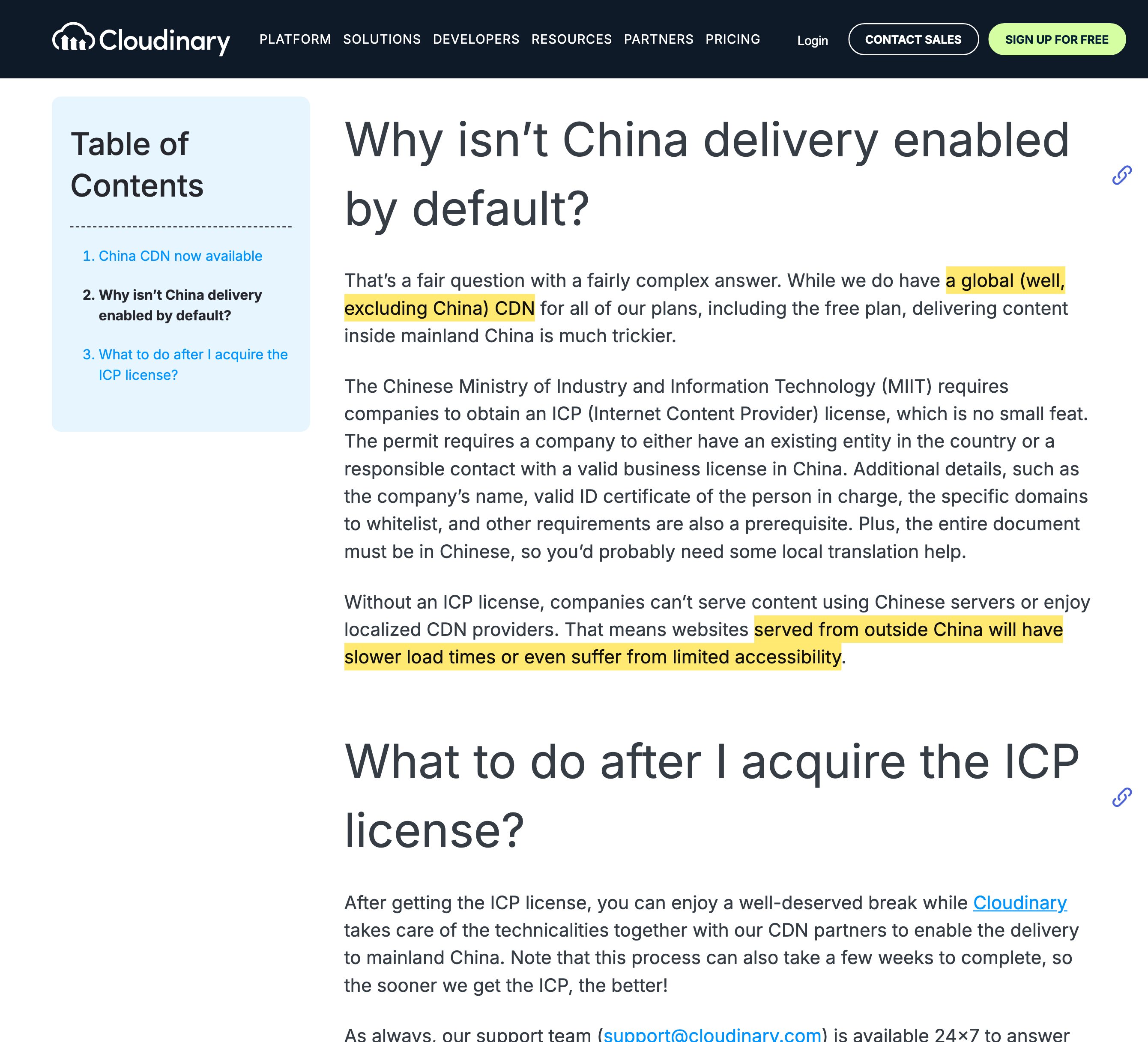 Cloudinaryの中国コンテンツ配信を告知するブログ記事。中国を除くグローバルCDNを運用しており、中国の外から配信されるコンテンツは読み込みが遅いかアクセス性が制限されると記載されている