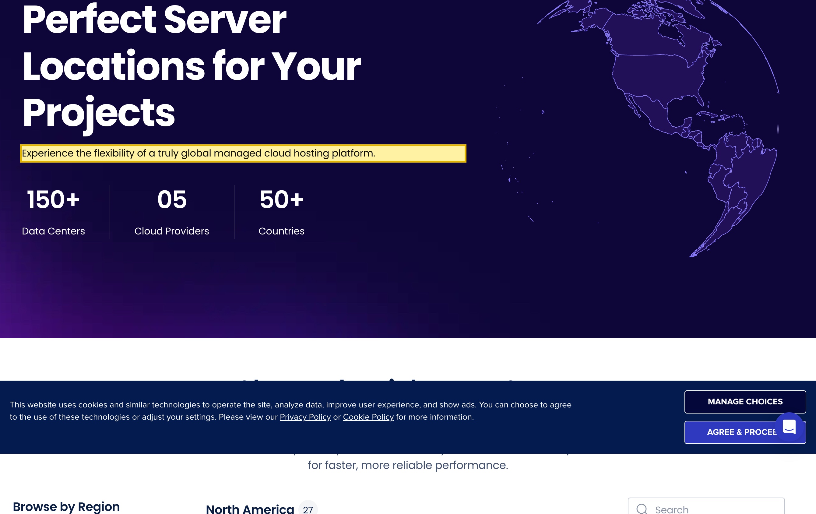 Cloudways Data Centers page headed 'Perfect Server Locations for Your Projects', showing 150+ Data Centers, 05 Cloud Providers and 50+ Countries across regions from North America to the Far East — with no mainland-China location