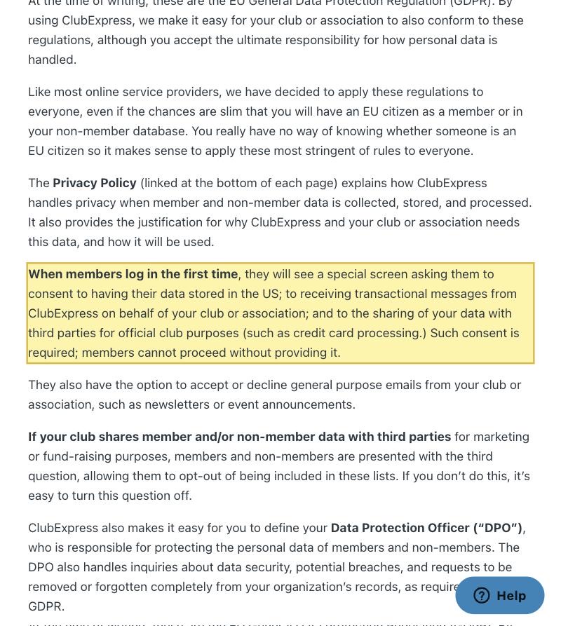ClubExpressのPrivacy Complianceのヘルプページ。会員が初回ログイン時にデータを米国に保存することへ同意せねばならず、その同意は必須で会員はそれを提供せずには進めないと記載されている