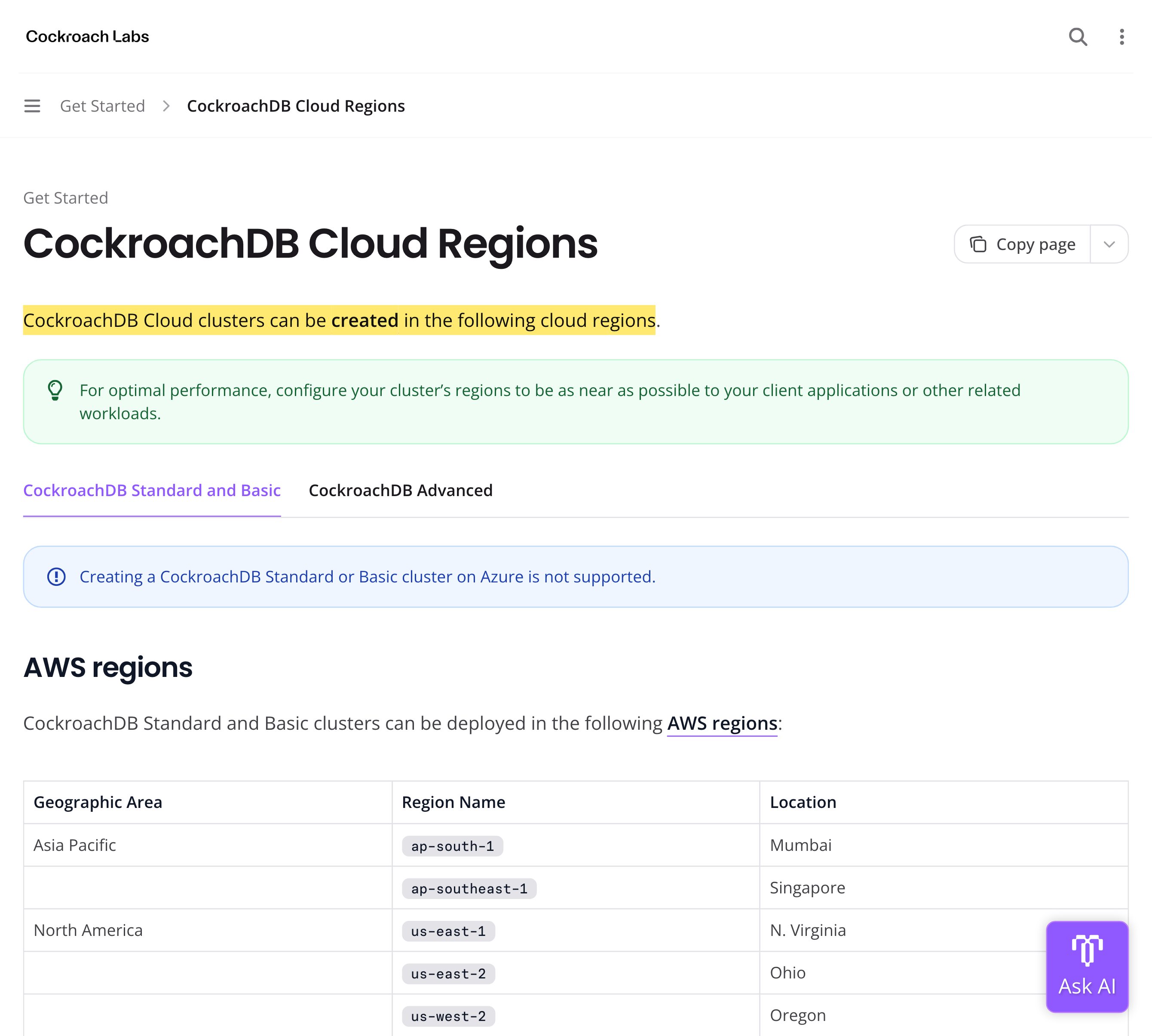 CockroachDB CloudのRegionsドキュメント——AWSのリージョン表にムンバイやシンガポールなどアジア太平洋の拠点が北米・西欧とともに並び、中国本土のリージョンはない