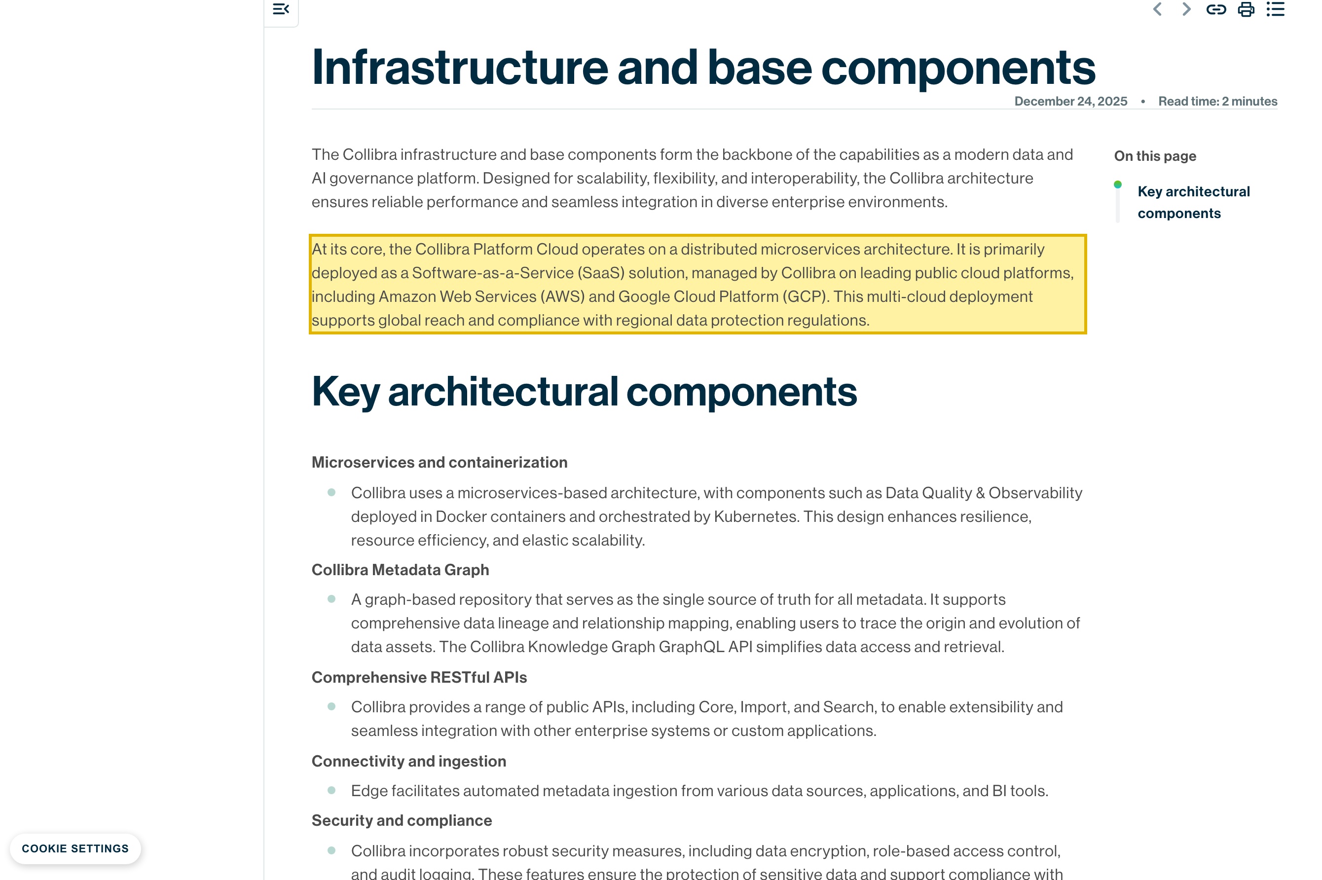 Collibra's Infrastructure and base components documentation stating the Collibra Platform is deployed as SaaS managed on Amazon Web Services (AWS) and Google Cloud Platform (GCP) — a multi-cloud deployment with no mainland-China region