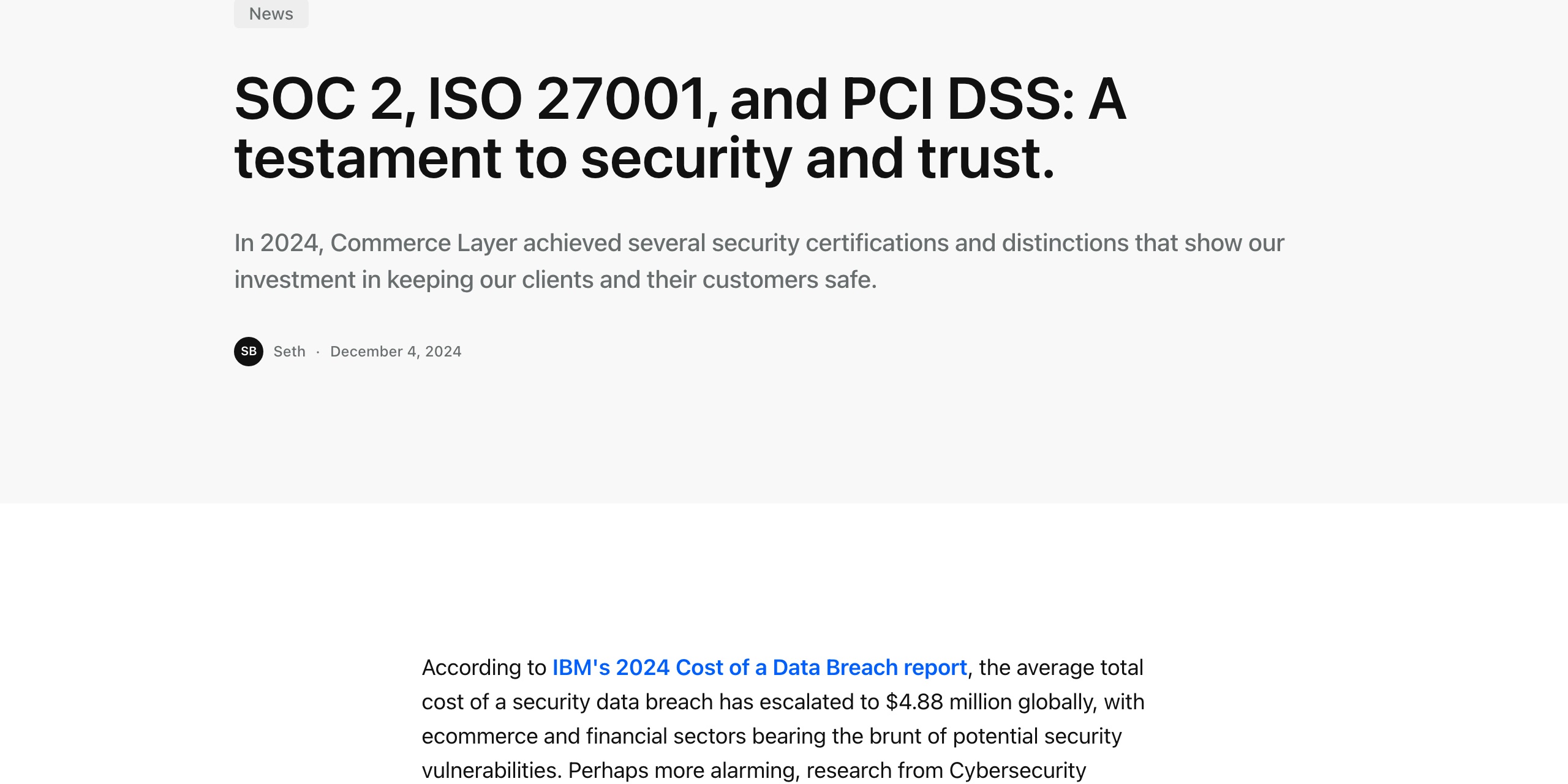 Commerce Layerのtrust and securityページ。2つの大陸でAWSのクラウドサービスを動かし、SOC 2・ISO 27001・PCI DSSの認証を保持すると記載され、中国本土のリージョンはない