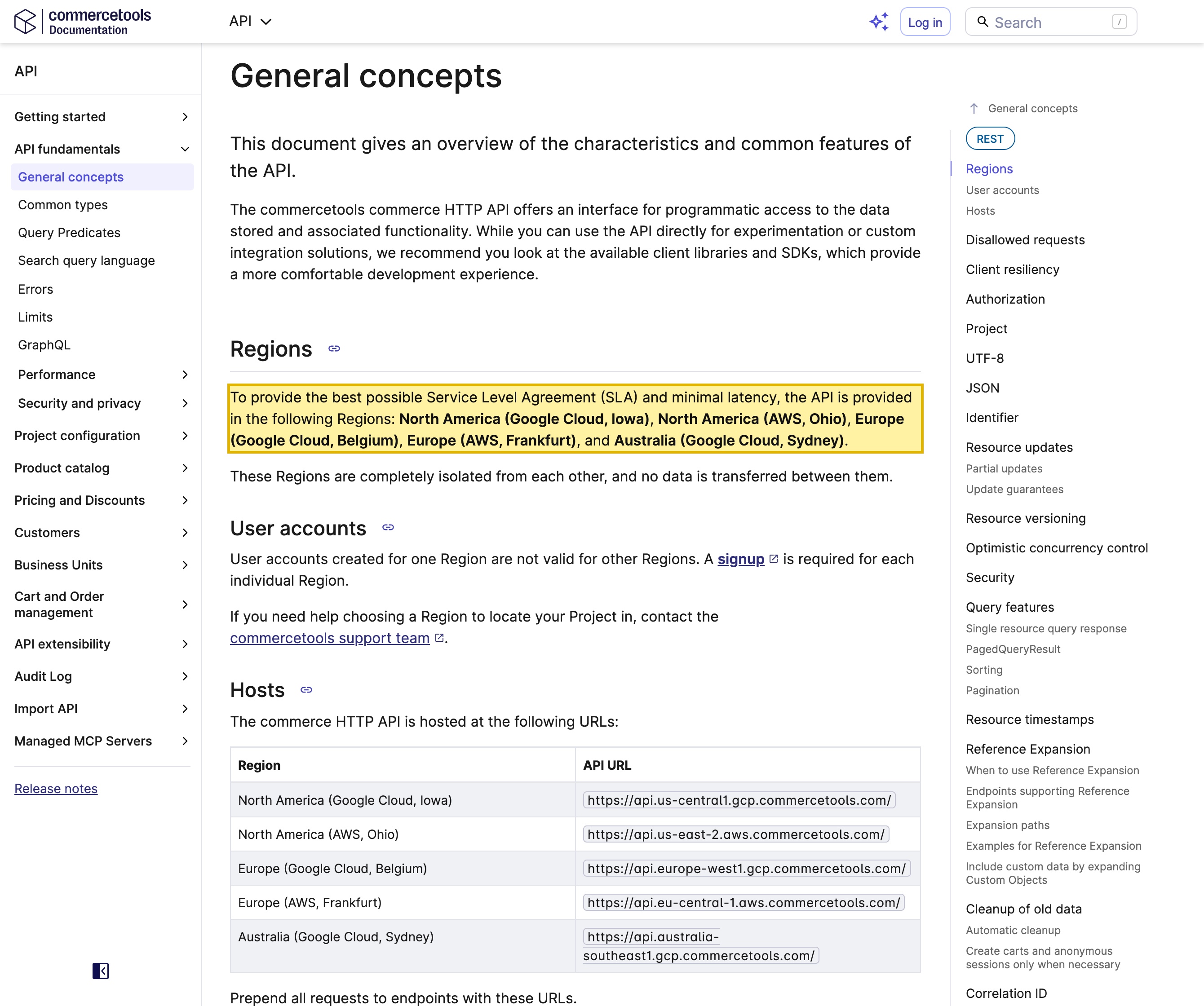 commercetools' own API documentation listing its five hosting Regions — Google Cloud and AWS in North America, Europe and Australia — with no mainland-China Region.