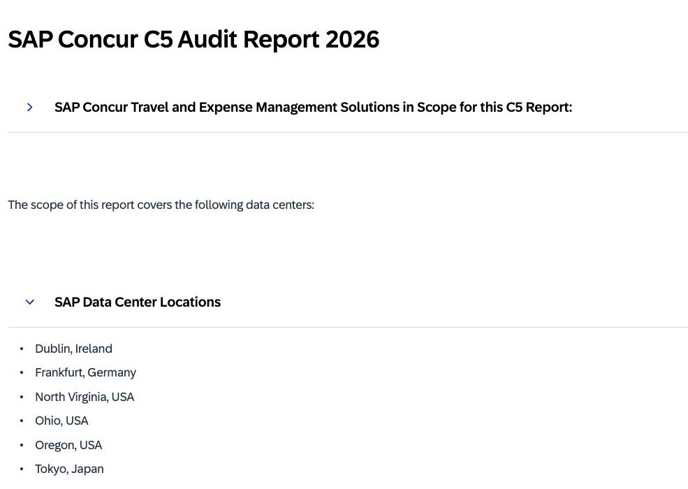 SAP's own 'SAP Concur C5 Audit Report 2026' page, with the 'SAP Data Center Locations' section expanded, listing six data centers in scope — Dublin, Ireland; Frankfurt, Germany; North Virginia, USA; Ohio, USA; Oregon, USA; and Tokyo, Japan — with no mainland-China location