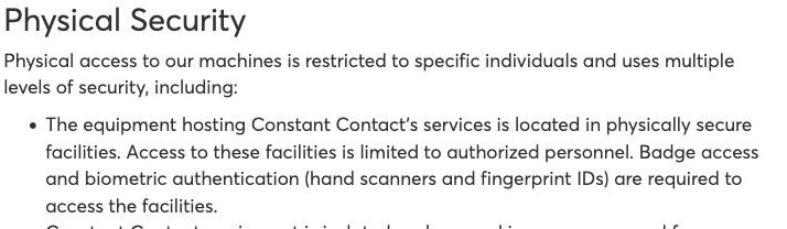 Constant Contact security page stating the equipment hosting its services is located in physically secure facilities and that the company is certified under the E.U.-U.S. Data Privacy Framework Principles, with no mainland-China region