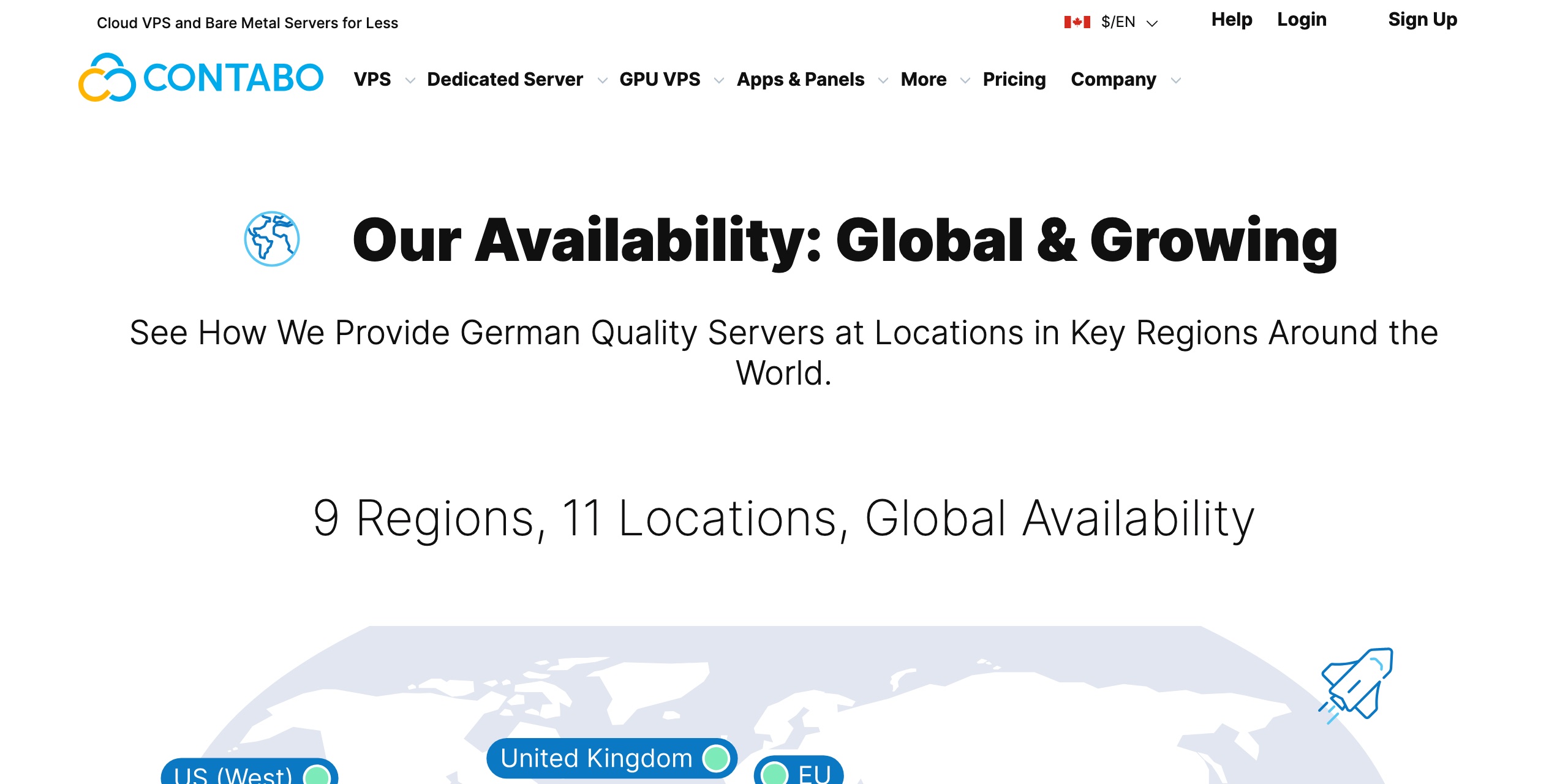 Contaboのデータセンター拠点ページ。フットプリントを「9 Regions, 11 Locations, Global Availability」とまとめ、ドイツ、英国、米国、シンガポール、東京、シドニー、インドにデータセンターがあり、中国本土にはない、と示す