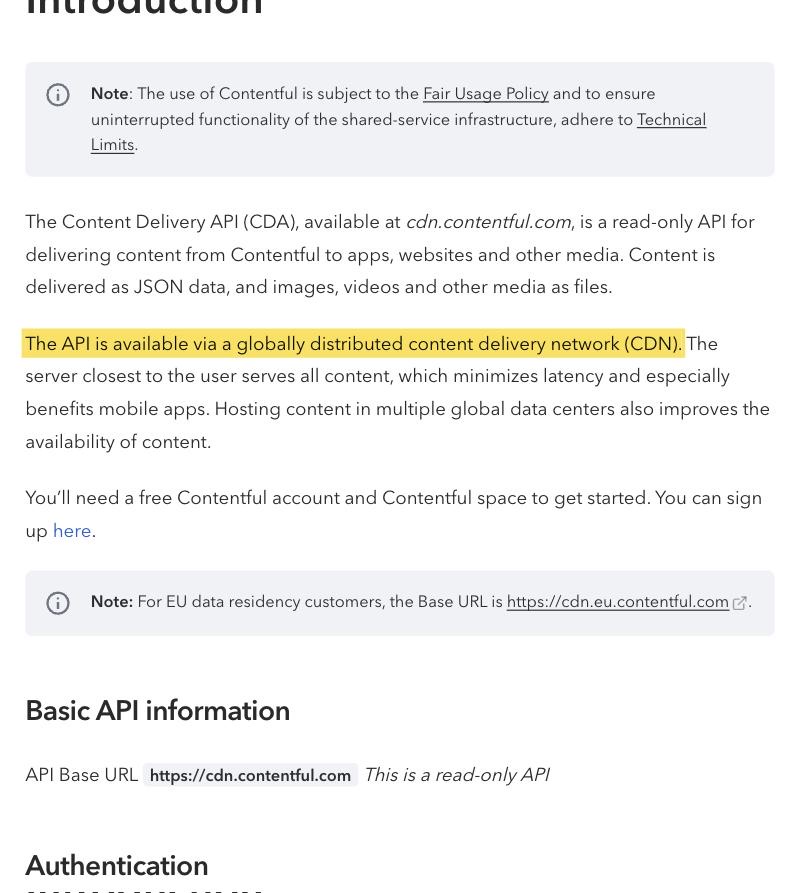 Contentful's Content Delivery API overview documentation stating the API is available via a globally distributed CDN, that content is hosted in multiple global data centers, and that EU data residency customers use the base URL cdn.eu.contentful.com — with no mainland-China region