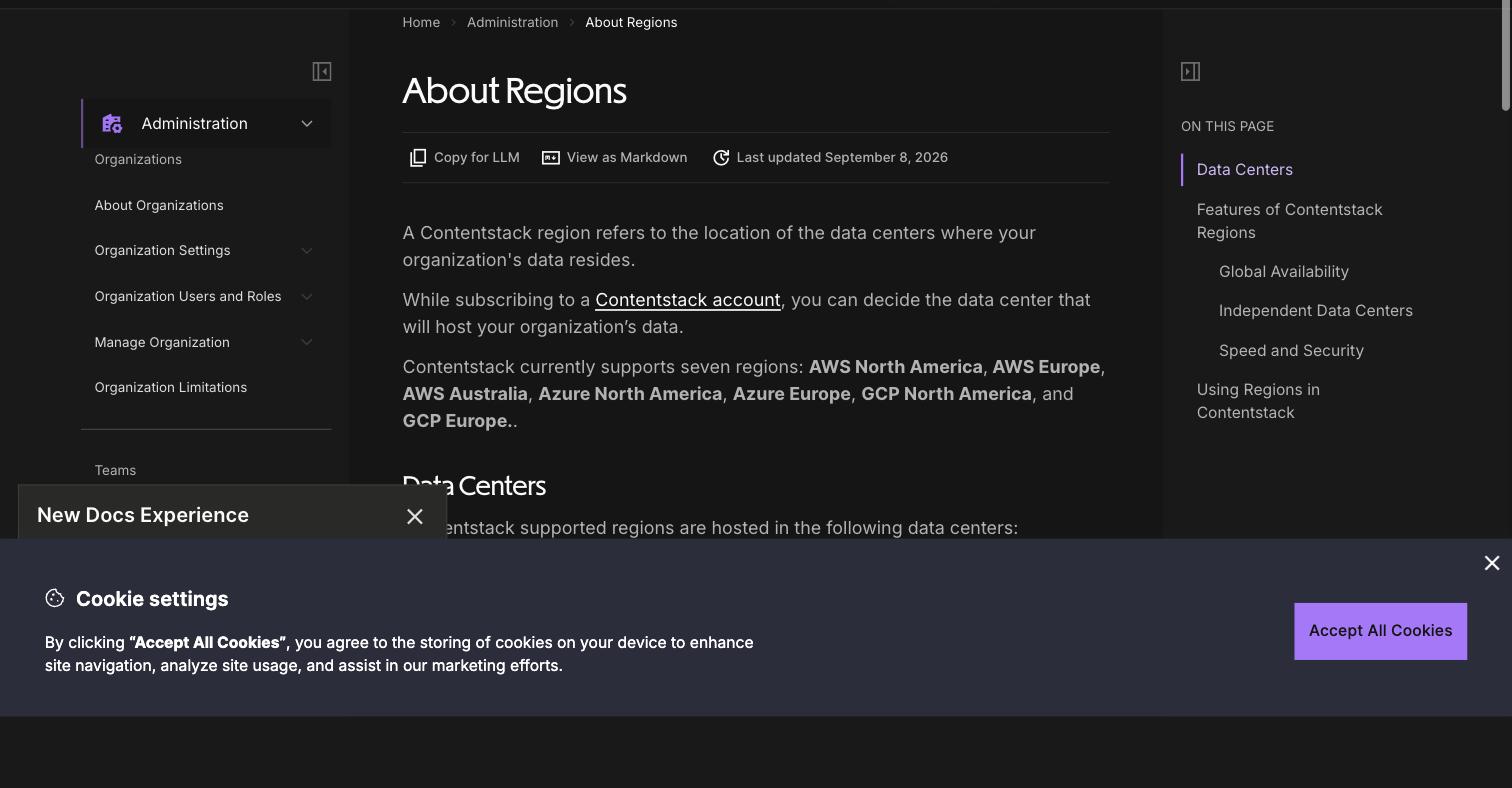 Contentstack's About Regions documentation listing the seven supported regions — AWS North America, AWS Europe, AWS Australia, Azure North America, Azure Europe, GCP North America and GCP Europe — with no mainland-China region