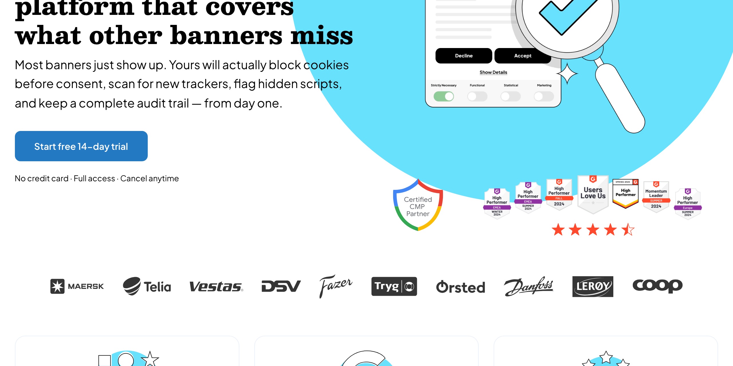 Cookie Information homepage stating it is EU-headquartered in Copenhagen with data hosted in the Netherlands and audit-ready consent records on EU servers, with no mainland-China hosting location