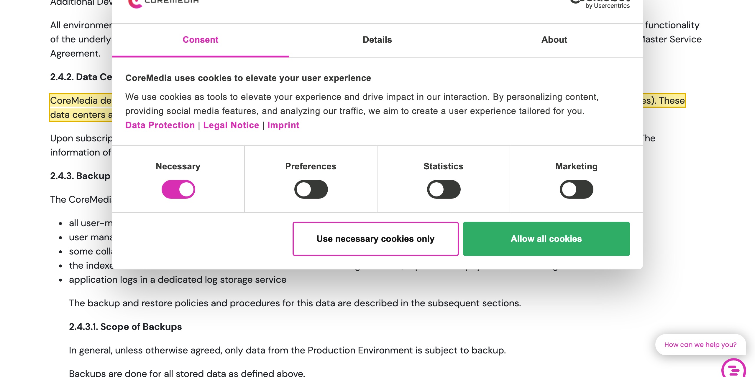CoreMedia Content Cloud Platform Service Description, Data Centers section, stating the service is deployed to data centers operated by public cloud vendors such as Amazon Web Services, and that the information of the regions CoreMedia supports is provided upon the Subscriber's request — with no mainland-China region named