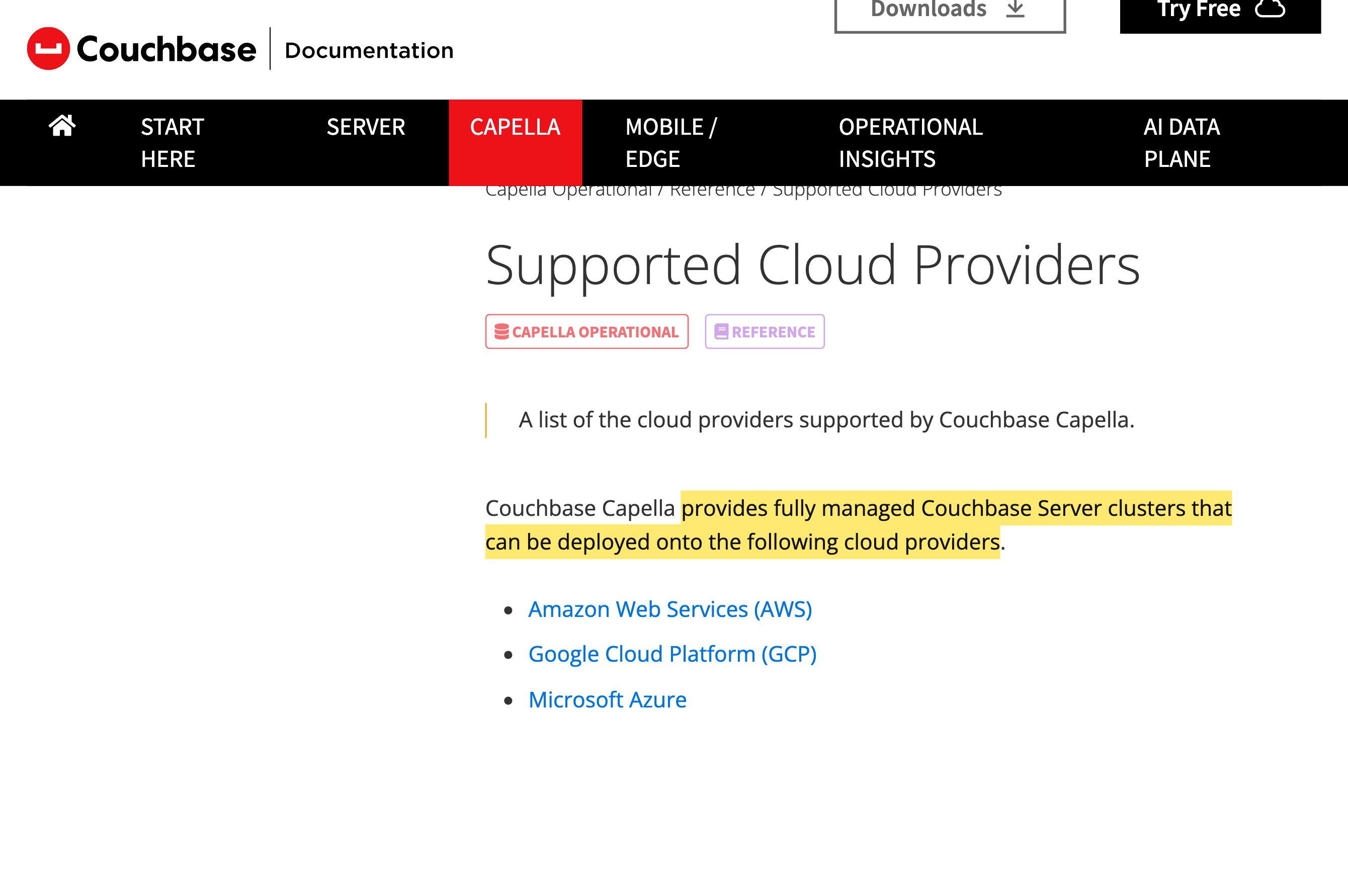 Couchbase Capellaのドキュメント。クラウドプロバイダーとしてAmazon Web Services、Google Cloud Platform、Microsoft Azureを挙げ、中国本土のリージョンは提供されていないことを示している