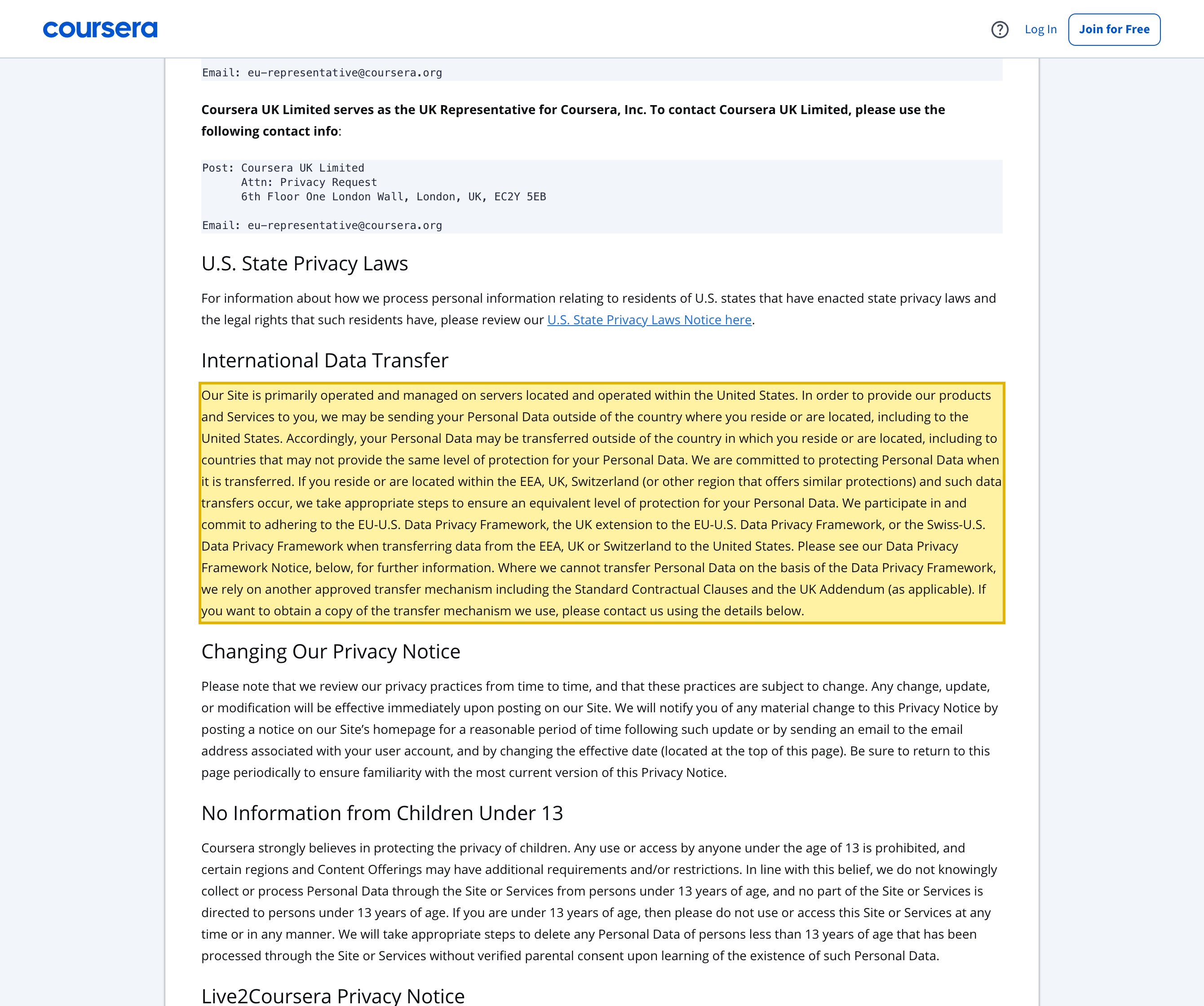 Coursera's Privacy Notice stating that its site is primarily operated and managed on servers located and operated within the United States, naming no mainland-China hosting location