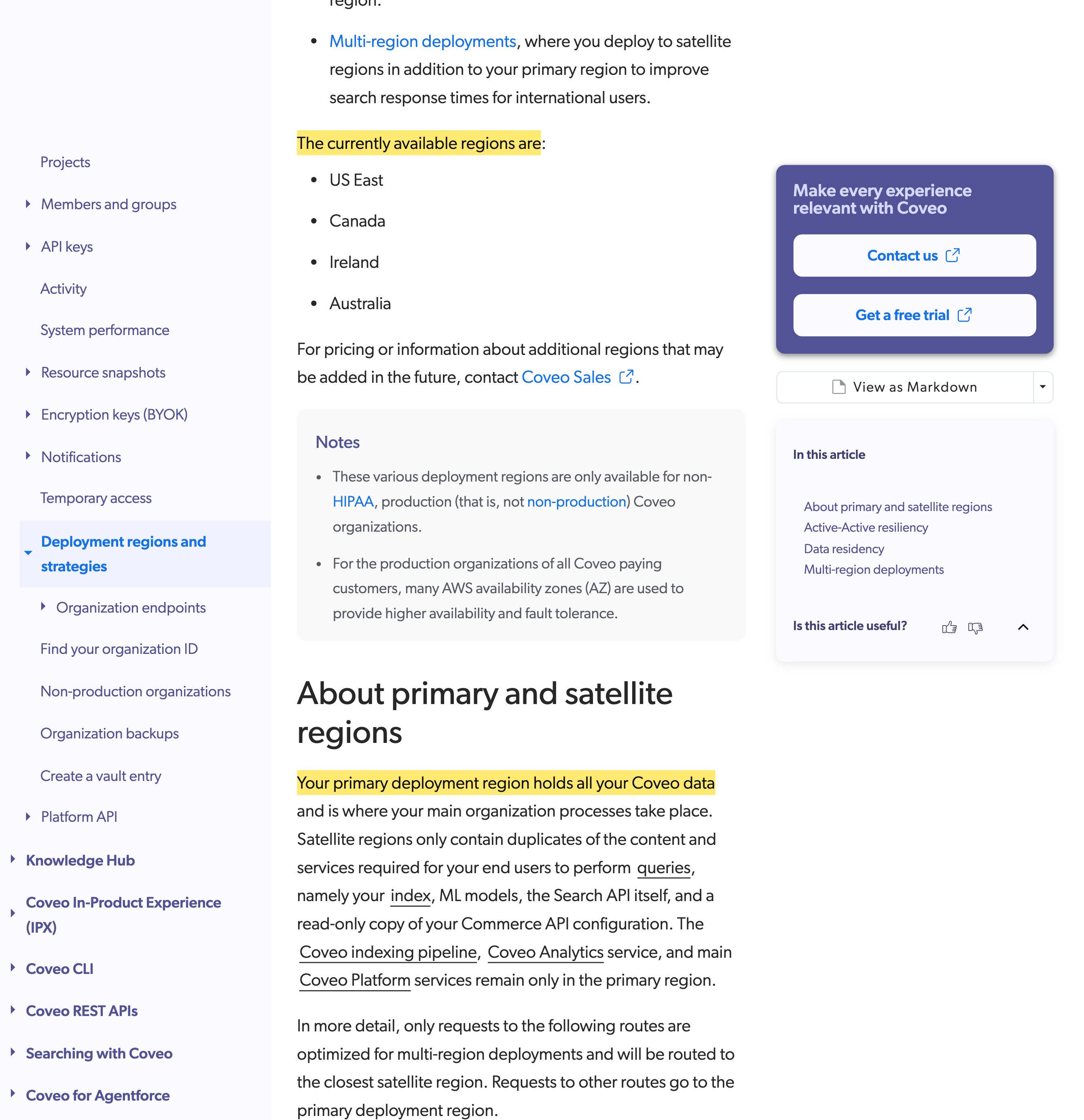 Coveo documentation 'Deployment regions and strategies' page stating that your primary deployment region holds all your Coveo data and listing the currently available regions as US East, Canada, Ireland and Australia, with none in mainland China