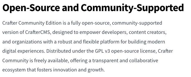 CrafterCMS Crafter Community product page describing Crafter Community as a fully open-source, community-supported edition distributed under the GPL v3 open-source license