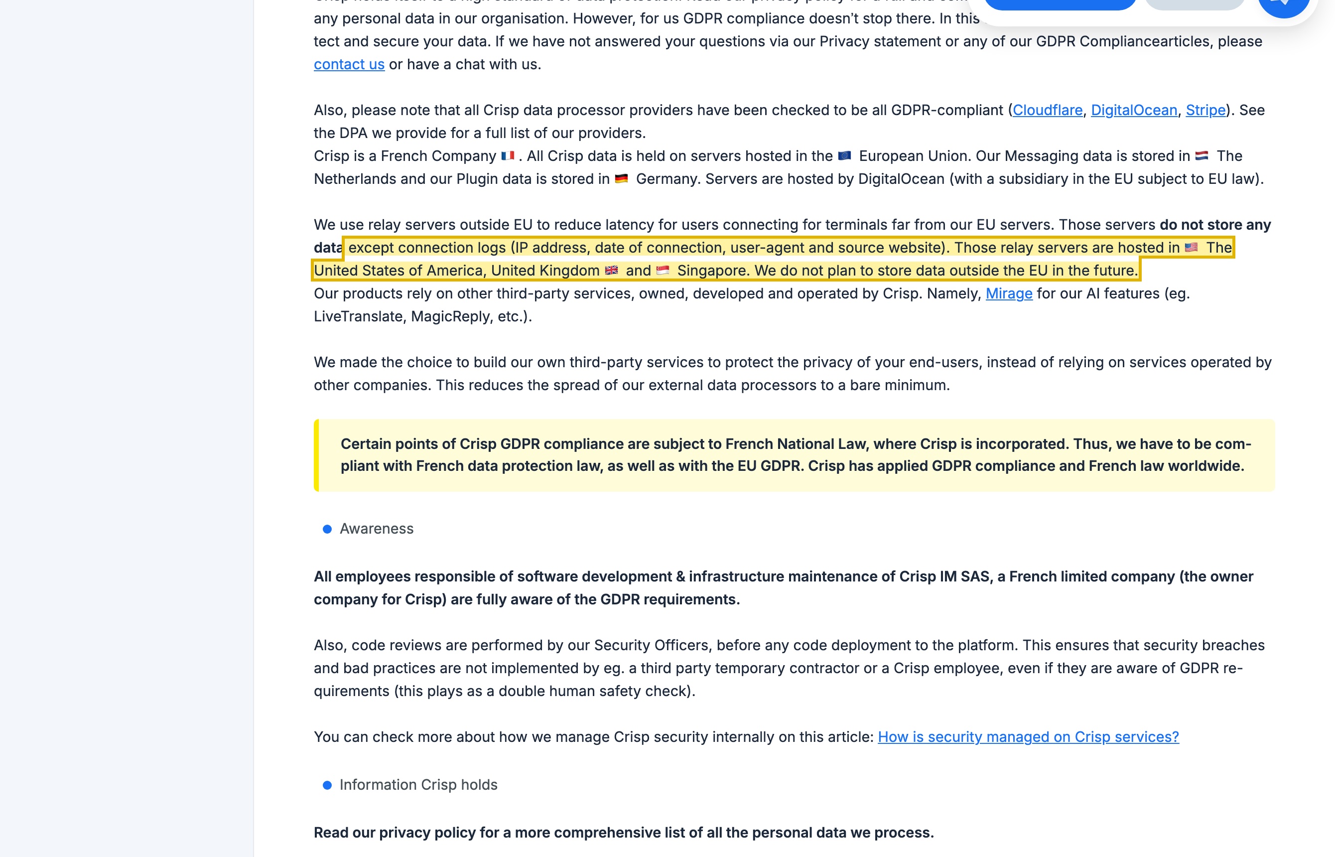 Crisp's EU GDPR compliance help article stating all Crisp data is held on servers in the European Union, with messaging data in the Netherlands and plugin data in Germany on DigitalOcean, and no mainland-China region