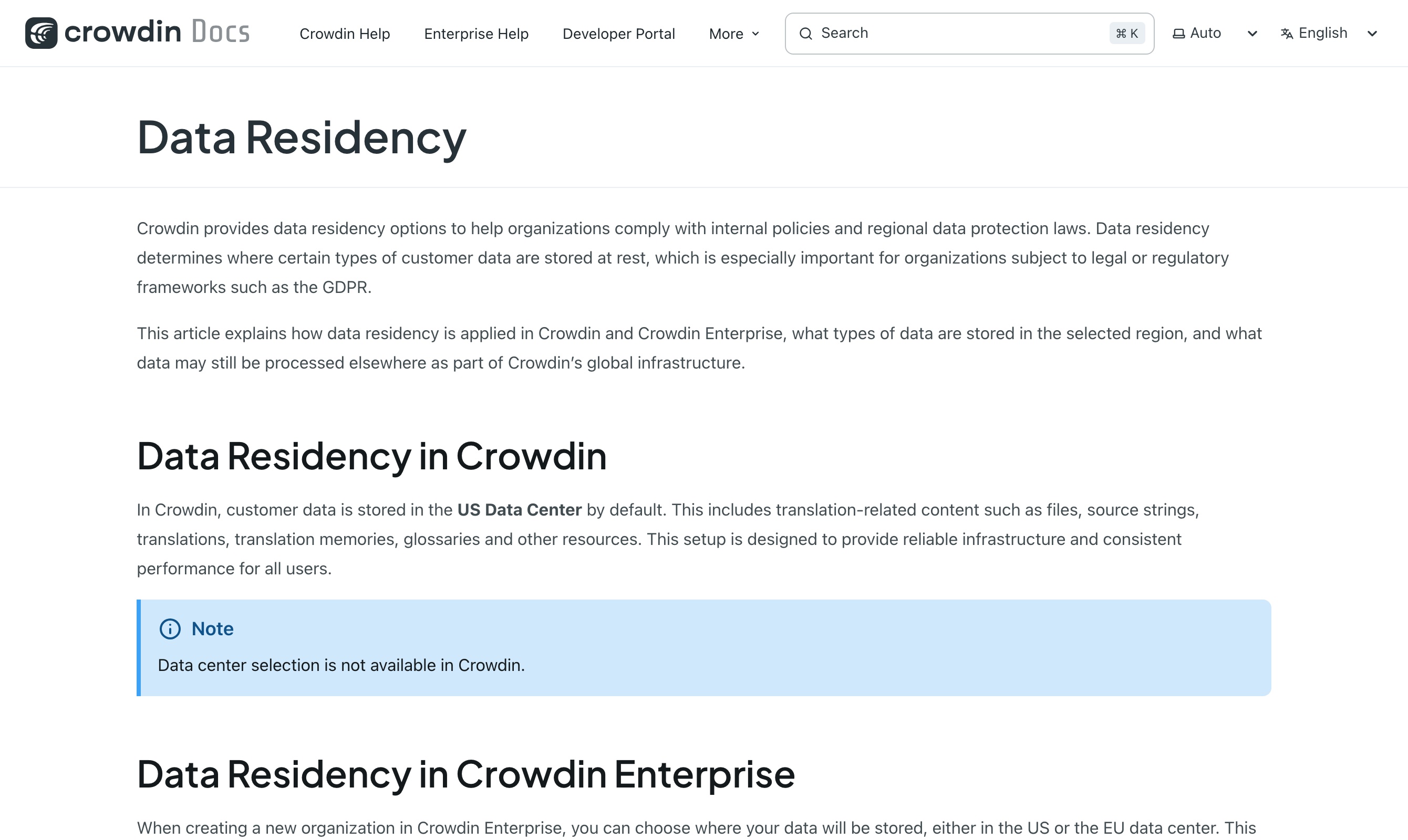 Crowdin's data-residency documentation stating that customer data is stored in the US data center by default and that Crowdin Enterprise organizations may choose a US or EU data center hosted on AWS, with no mainland-China region