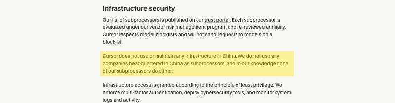 Cursor's security page, under the Infrastructure security heading, stating that Cursor does not use or maintain any infrastructure in China and uses no companies headquartered in China as subprocessors