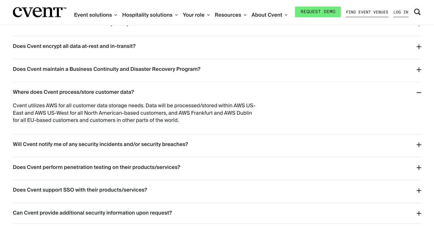 CventのSecurityページのFAQ「Where does Cvent process/store customer data?」。Cventは顧客データの保存にAWSを利用し、北米はAWS US-EastとUS-West、EUおよびその他地域の顧客はAWSフランクフルトとダブリンにデータを置くと記載され、中国本土のリージョンはない