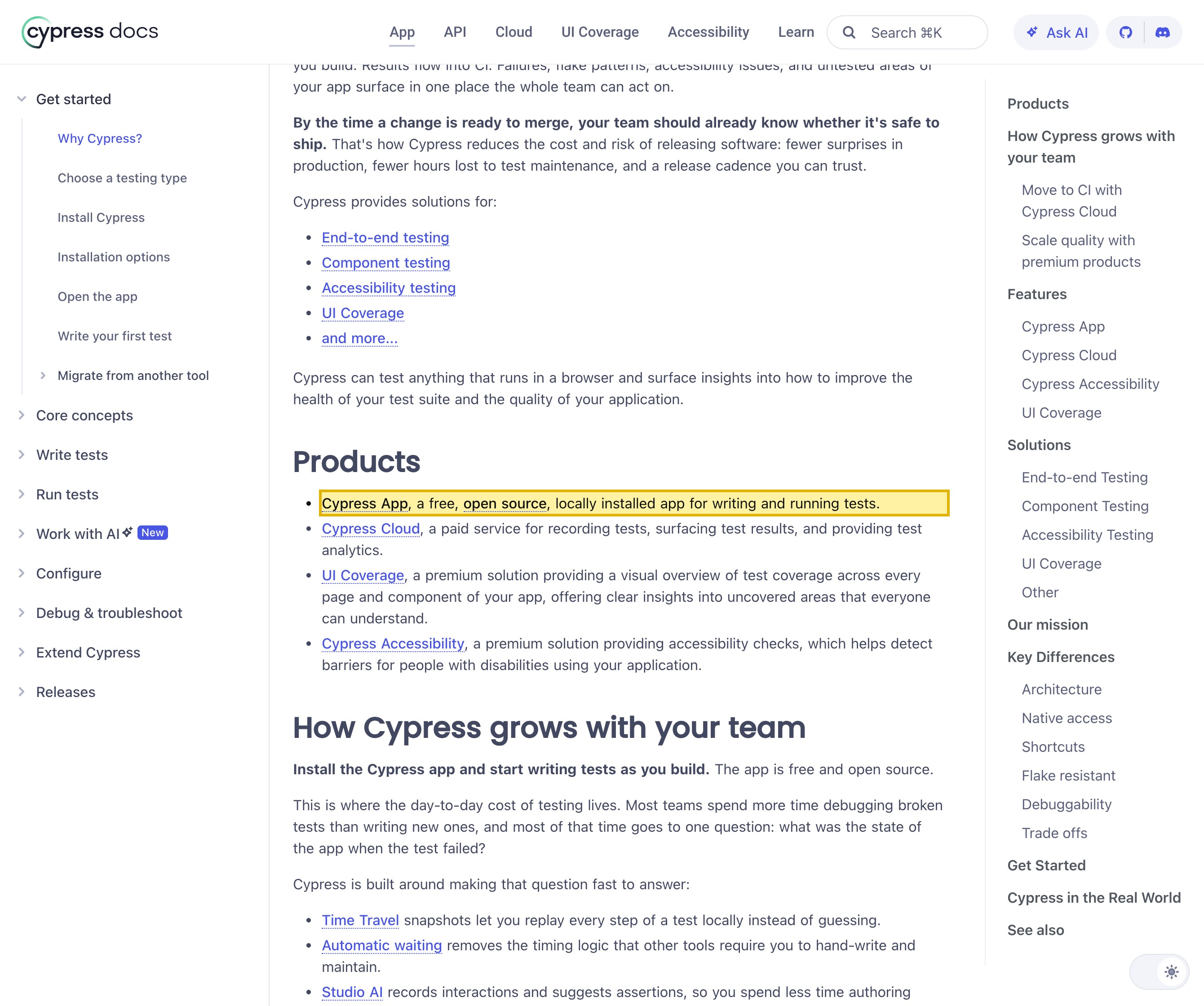 Cypress's Why Cypress? documentation, under the Products heading, with the definition highlighted: Cypress App, a free, open source, locally installed app for writing and running tests.