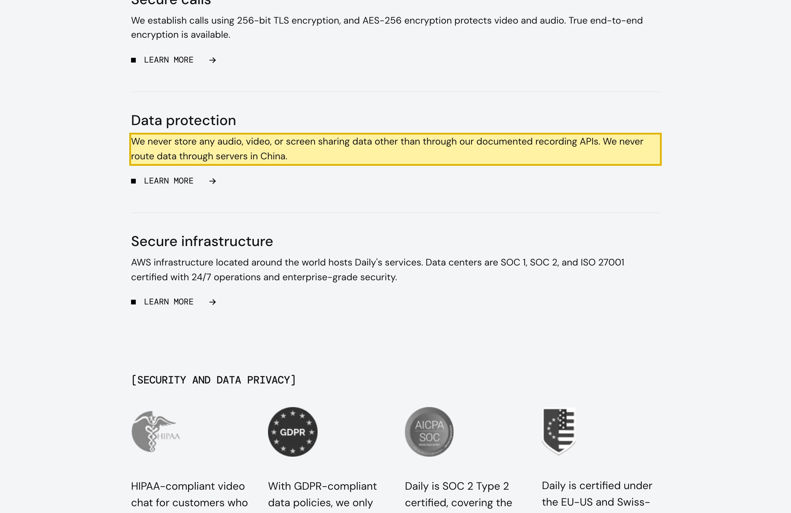 Daily's own security page, under the 'Data protection' heading, stating it never stores audio, video, or screen-sharing data other than through its documented recording APIs and that it never routes data through servers in China, with services hosted on AWS infrastructure located around the world
