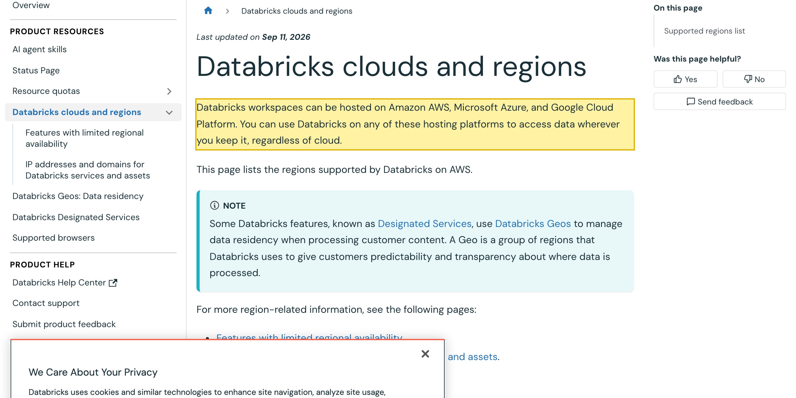 Databricks documentation page 'Databricks clouds and regions' stating that Databricks workspaces can be hosted on Amazon AWS, Microsoft Azure, and Google Cloud Platform, with the Supported AWS regions table listing regions such as Tokyo, Seoul, Singapore, Sydney, Mumbai, and Jakarta and no mainland-China region