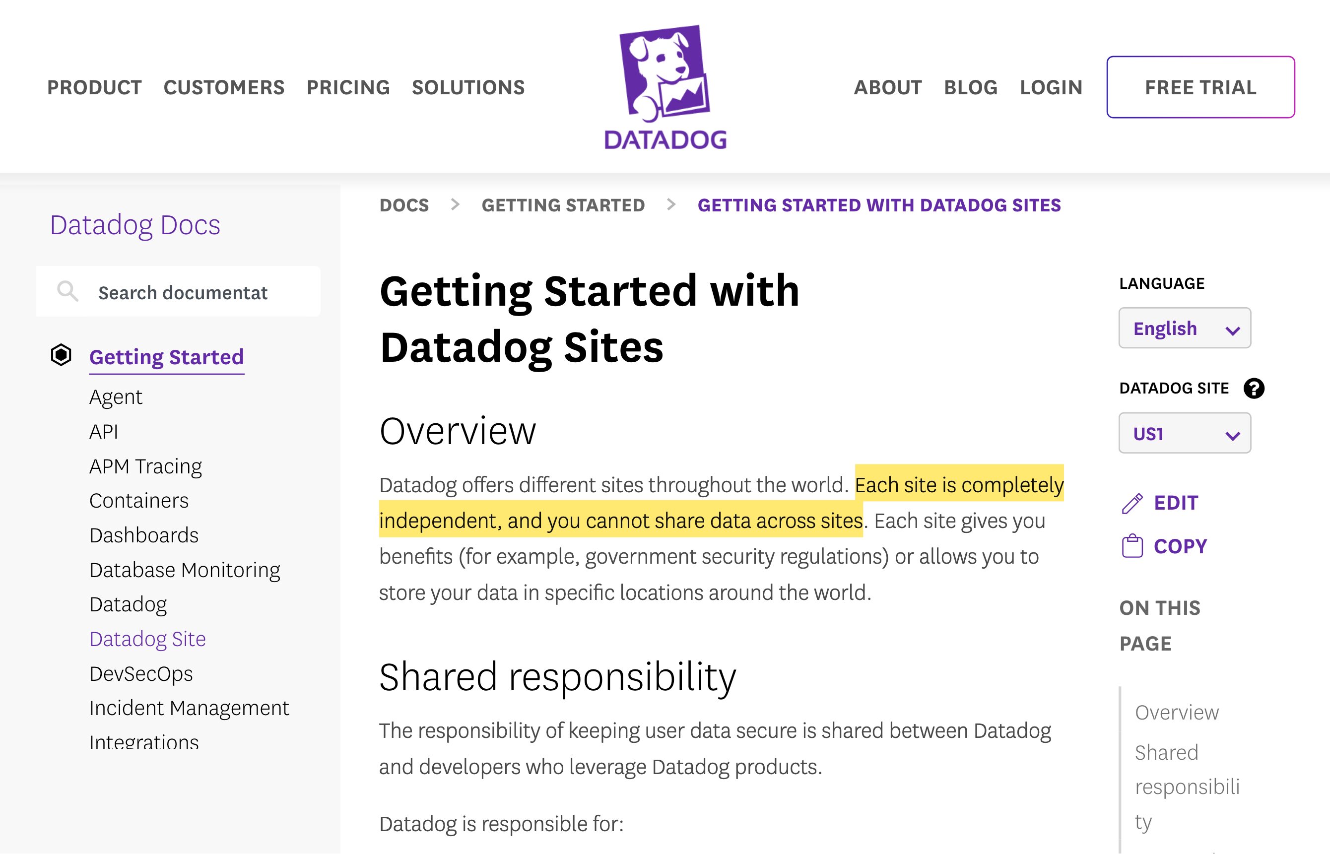 Datadogの「Getting Started with Sites」文書。米国・EU・日本・オーストラリア・英国にわたるサイトを列挙し、中国本土のサイトはない