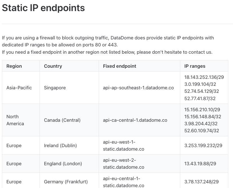 DataDome's documentation page 'Static IP endpoints', listing DataDome's fixed regional endpoints in Singapore, Canada (Central), Ireland, England, Germany, France, the United Kingdom, Italy and four US regions — with no mainland-China endpoint