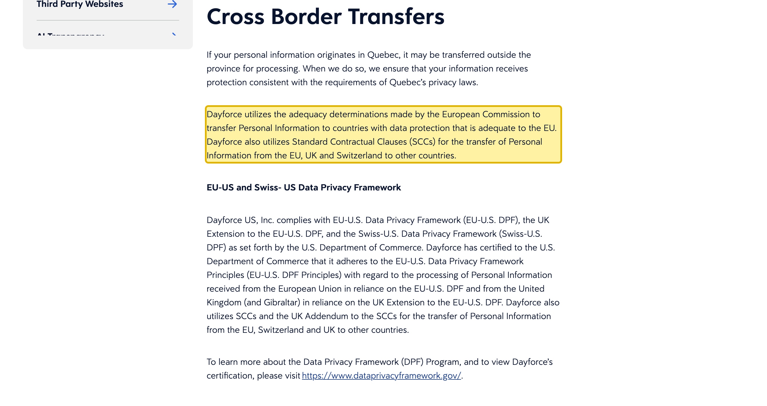 Dayforce's Global Privacy Statement, 'Cross Border Transfers' section, showing transfers built on European Commission adequacy findings, Standard Contractual Clauses for the EU, UK and Switzerland, and the EU-U.S. Data Privacy Framework — naming no mainland-China data region or China transfer mechanism