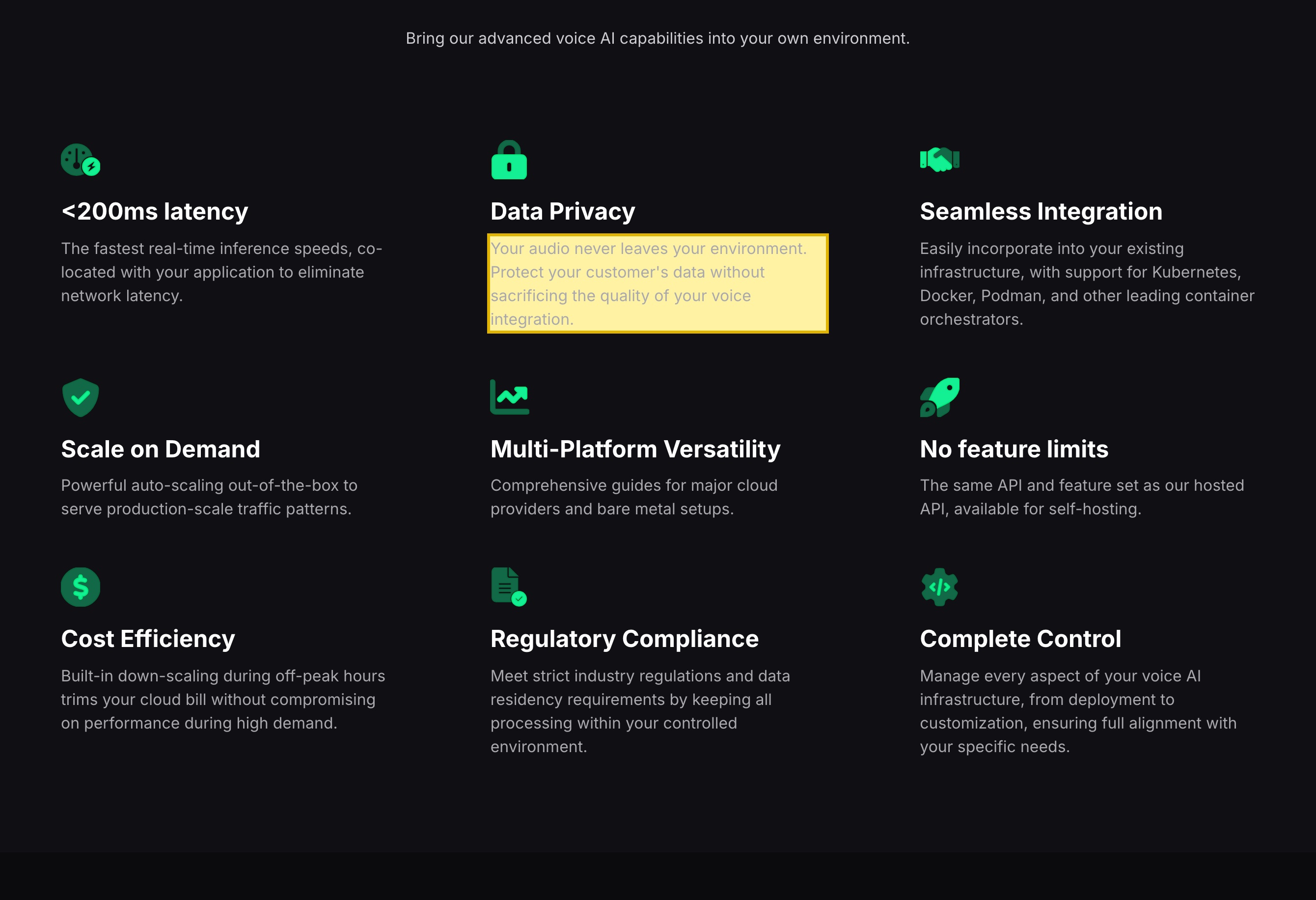 Deepgram's Self-Hosted Voice AI page stating that its speech models are available to self-host on your own infrastructure, in the cloud or on-premises, with the same API and feature set as the hosted API, and that your audio never leaves your environment