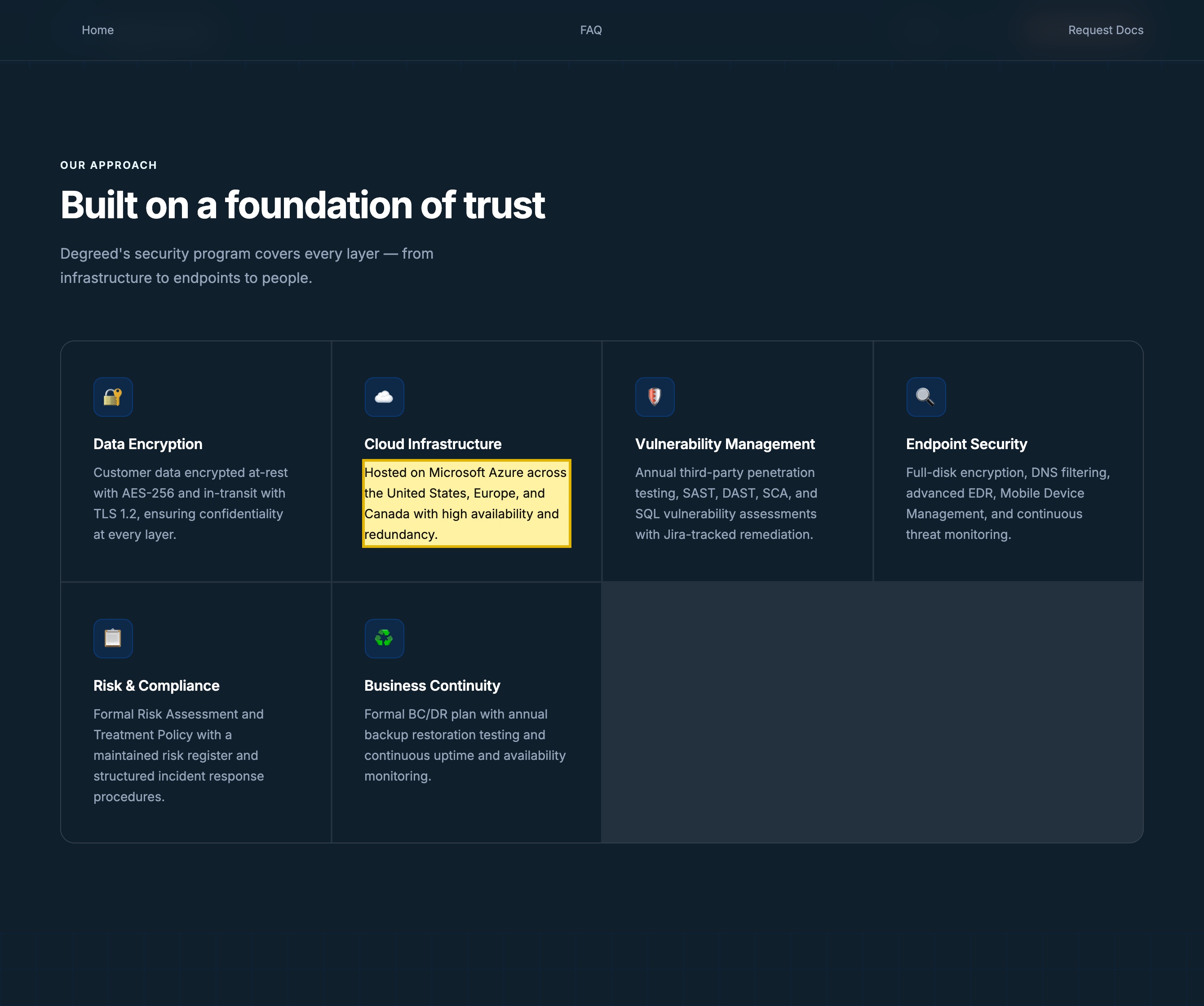 Degreed Trust Center 'Cloud Infrastructure' section stating the platform is hosted on Microsoft Azure across the United States, Europe, and Canada, with no mainland-China region listed