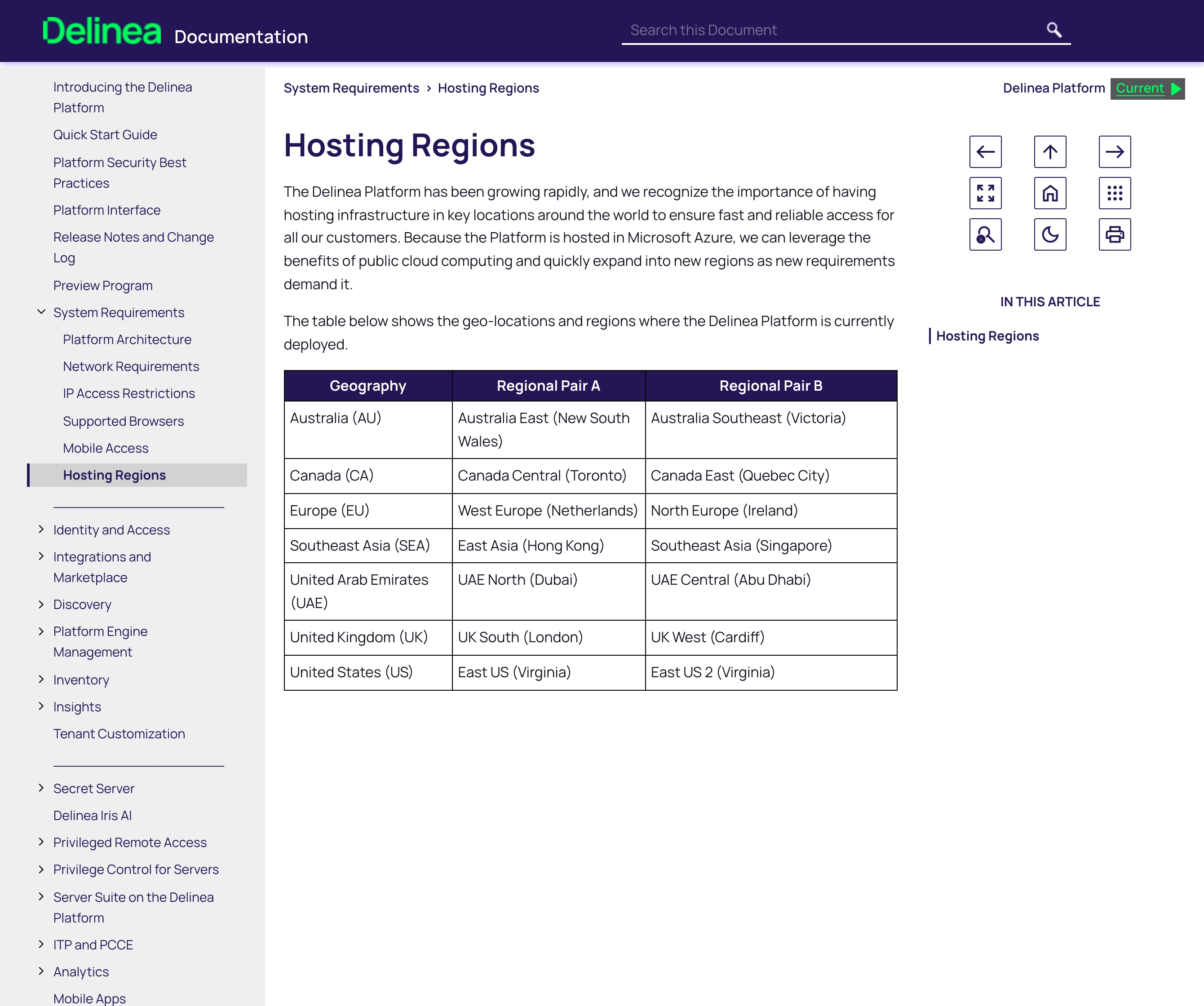 Delinea's Platform documentation 'Hosting Regions' page, showing the table of geo-locations where the Delinea Platform is deployed — Australia, Canada, Europe (Netherlands and Ireland), Southeast Asia (Hong Kong and Singapore), United Arab Emirates, United Kingdom and United States — with no mainland-China region