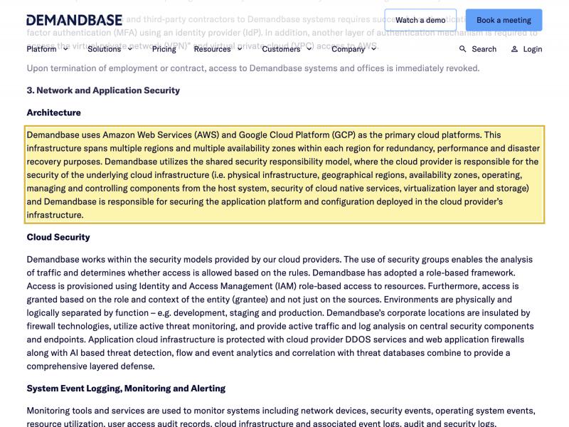Demandbase's own Security Policy page, Architecture section, stating that Demandbase uses Amazon Web Services (AWS) and Google Cloud Platform (GCP) as its primary cloud platforms, spanning multiple regions and availability zones — with no mainland-China region