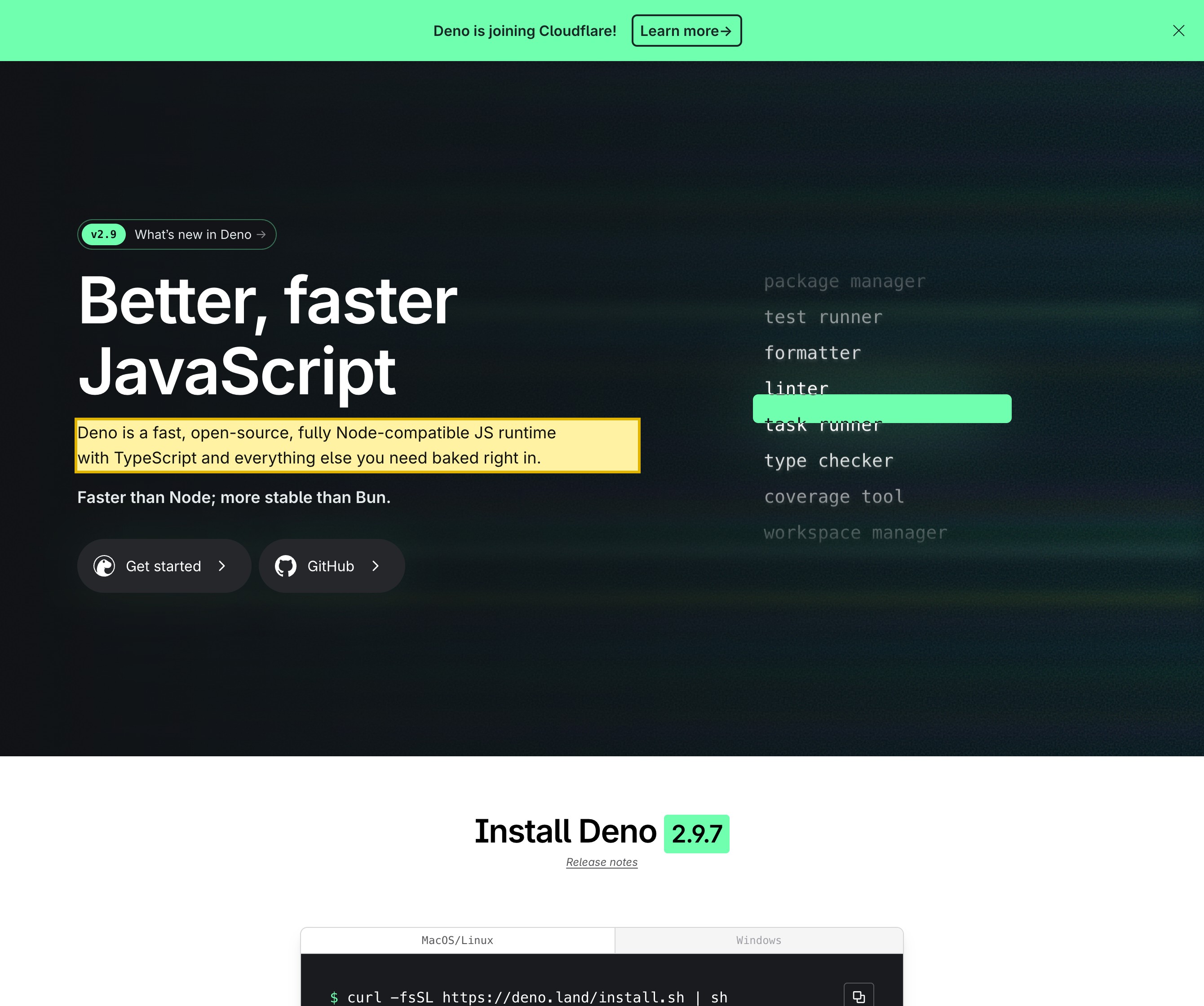 Deno's homepage describing the project as an open-source, fully Node-compatible JS runtime