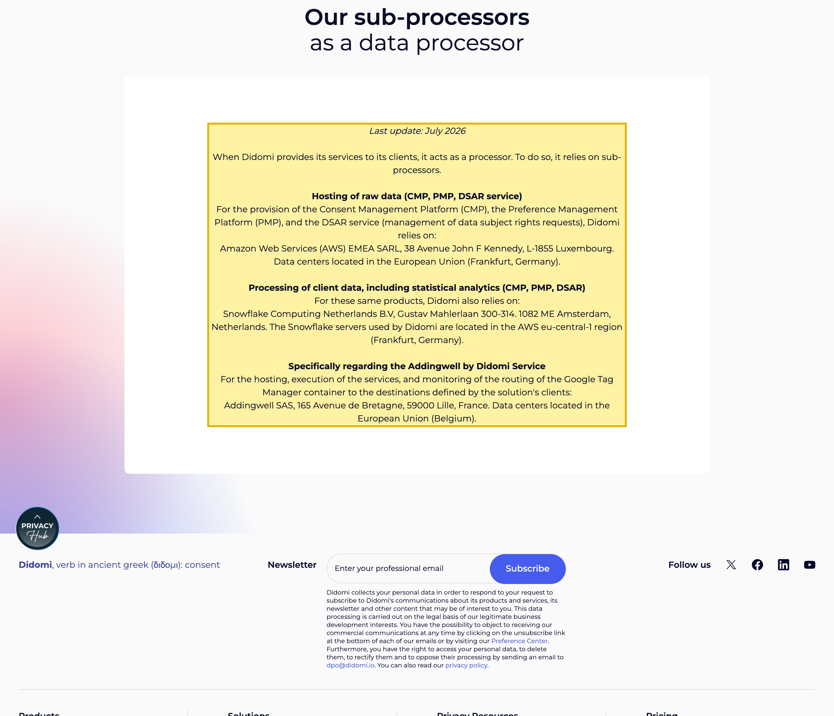 Didomi's own sub-processor list, naming AWS and Snowflake data centers in the European Union (Frankfurt, Germany) and a further sub-processor in Belgium — with no mainland-China hosting region listed