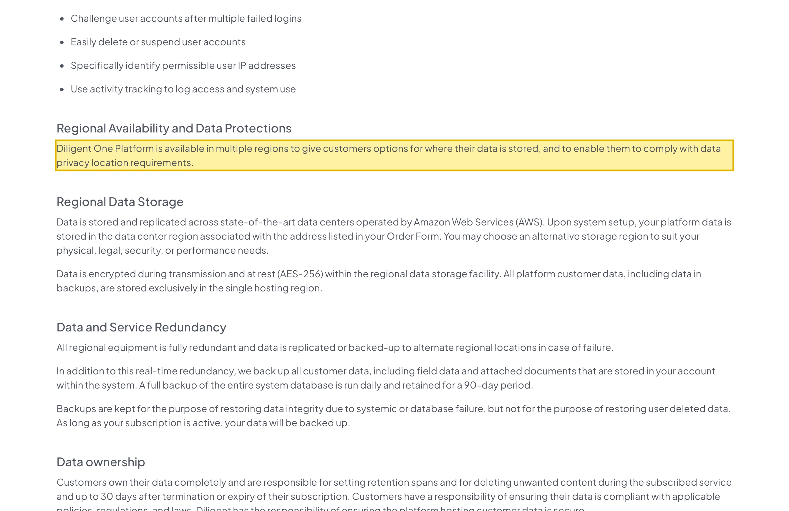 Diligent One Platform Trust and Compliance page, Regional Data Storage section, stating the platform is available in multiple regions and listing the supported AWS regions — United States, Canada, Frankfurt, London, Tokyo, Singapore, Sydney, Brazil, South Africa and two GovCloud options — none in mainland China