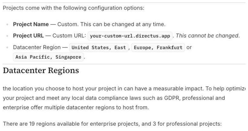 Directus Cloud 'Create a Project' documentation showing the Datacenter Region options — United States (East), Europe (Frankfurt) and Asia Pacific (Singapore) — with no mainland-China region among the choices