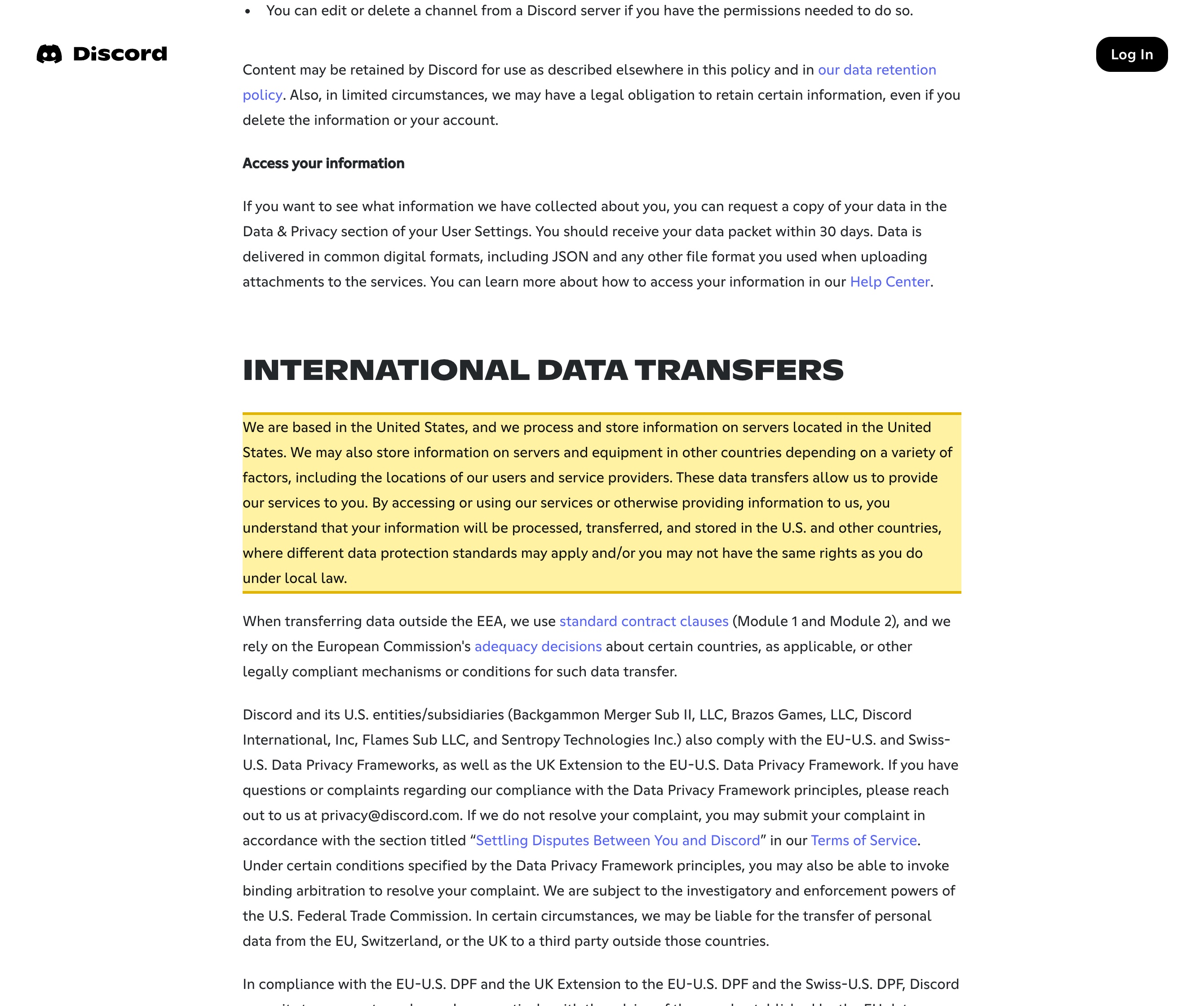 Discord's Privacy Policy stating that Discord is based in the United States and processes and stores information on servers located in the United States