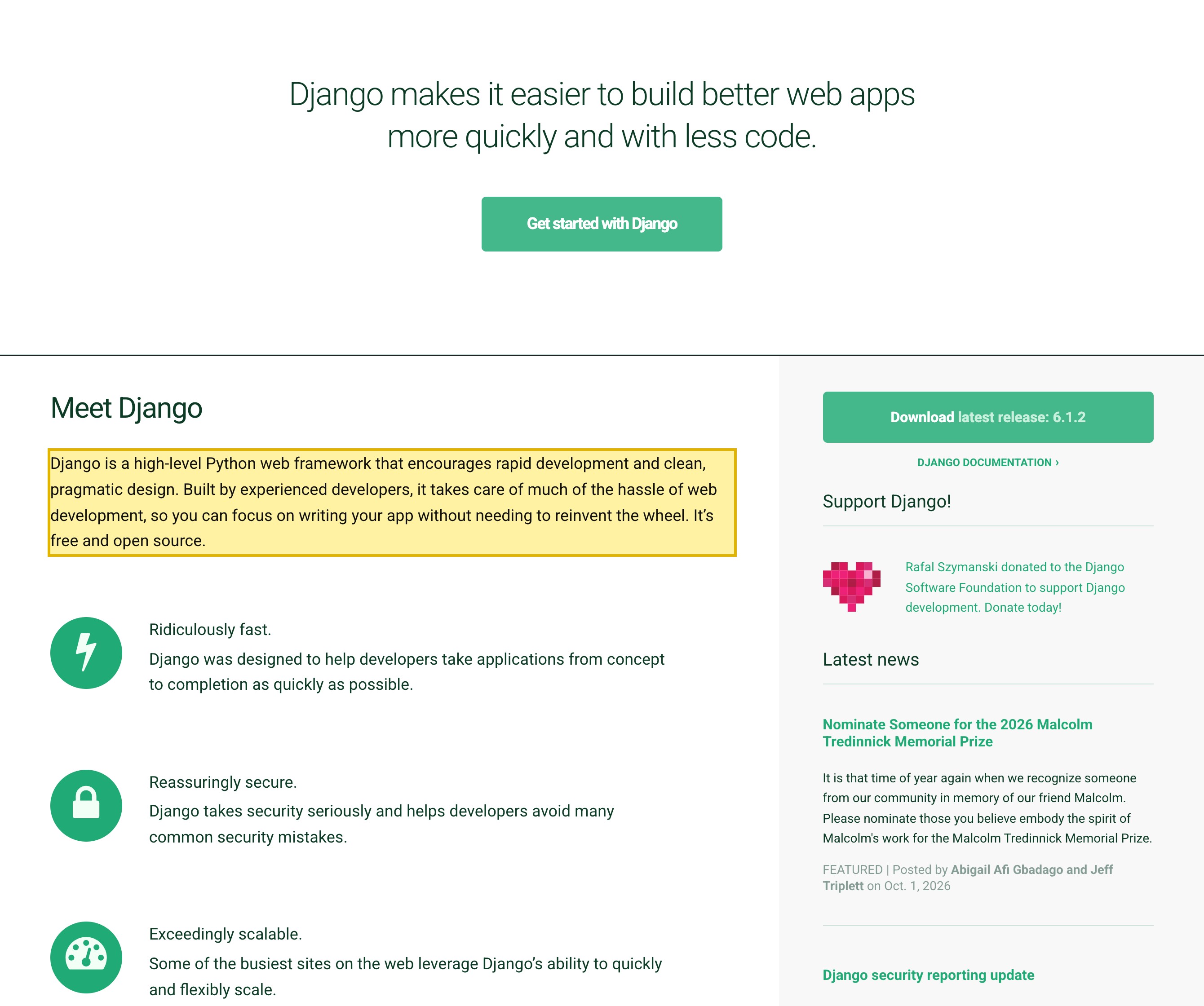 Django's official homepage, the 'Meet Django' section, showing the opening sentence that describes Django as a high-level Python web framework that encourages rapid development, with 'It's free and open source' shown beneath.
