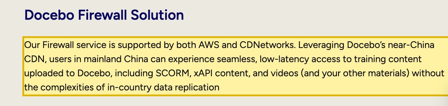Docebo's Service Descriptions page (current as of January 2026), showing the core Learn LMS hosted via Amazon with no mainland-China region, and the Firewall Solution described as a near-China CDN that delivers content without in-country data replication.
