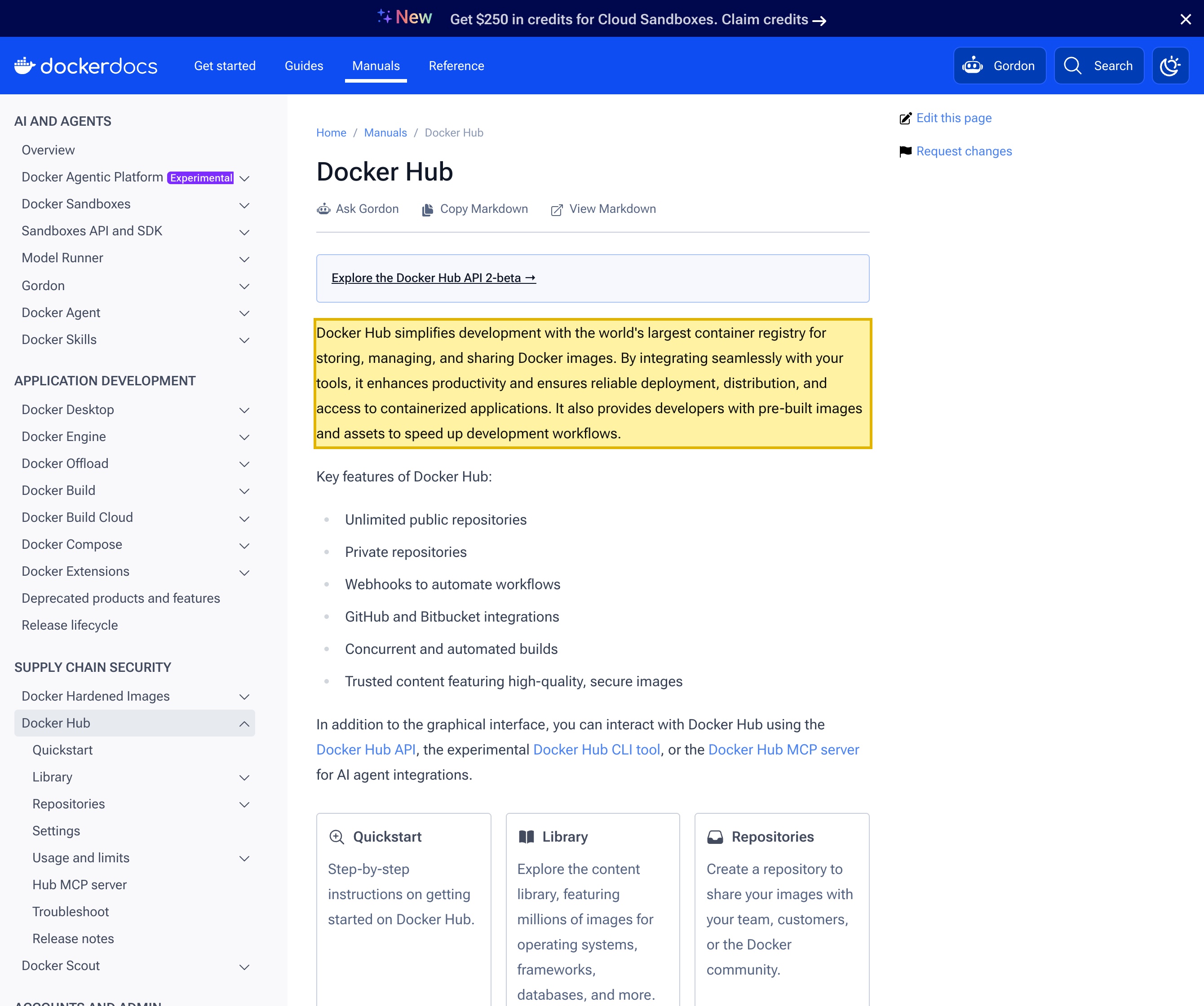 Docker's official documentation overview page describing Docker Hub as the world's largest container registry for storing, managing, and sharing Docker images, and listing Private repositories among its key features — confirming your private images are held on Docker's own hosted registry