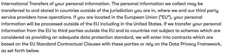 Drip's privacy policy, Storing and Transferring Your Personal Information and Data Privacy Framework section, stating personal information may be transferred to and stored in countries outside your jurisdiction and that Drip is subject to United States Federal Trade Commission authority
