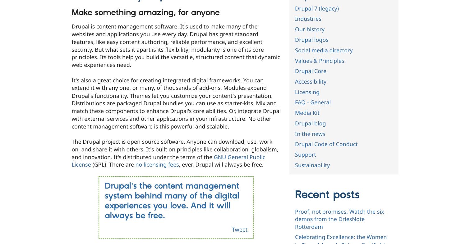 Drupal.orgのAboutページ。Drupalはコンテンツ管理ソフトウェアであり、Drupalプロジェクトは誰でもダウンロード・利用・改変・共有できるオープンソースソフトウェアだと記載——Drupalはホステッドサービスではなく、選んだサーバーにインストールするソフトウェア