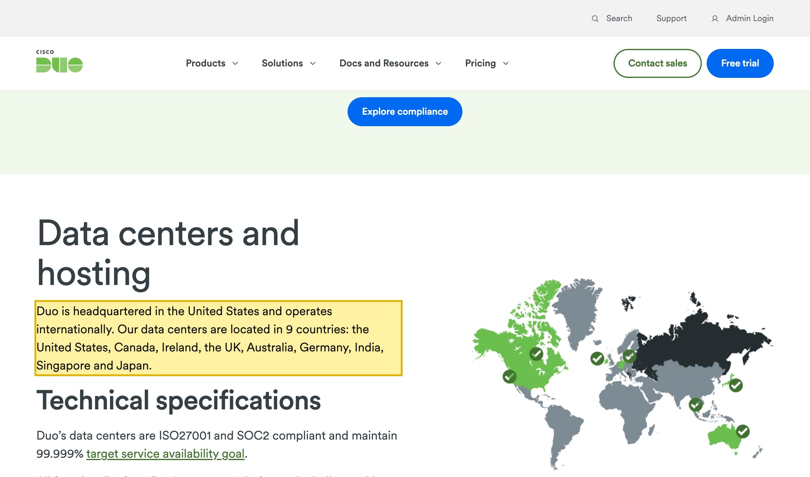 Cisco Duo's own Security and Reliability page listing its data centers in nine countries — the United States, Canada, Ireland, the UK, Australia, Germany, India, Singapore and Japan — with customers grouped into Americas, Europe/Middle East/Africa and Asia Pacific, and no mainland-China data center.