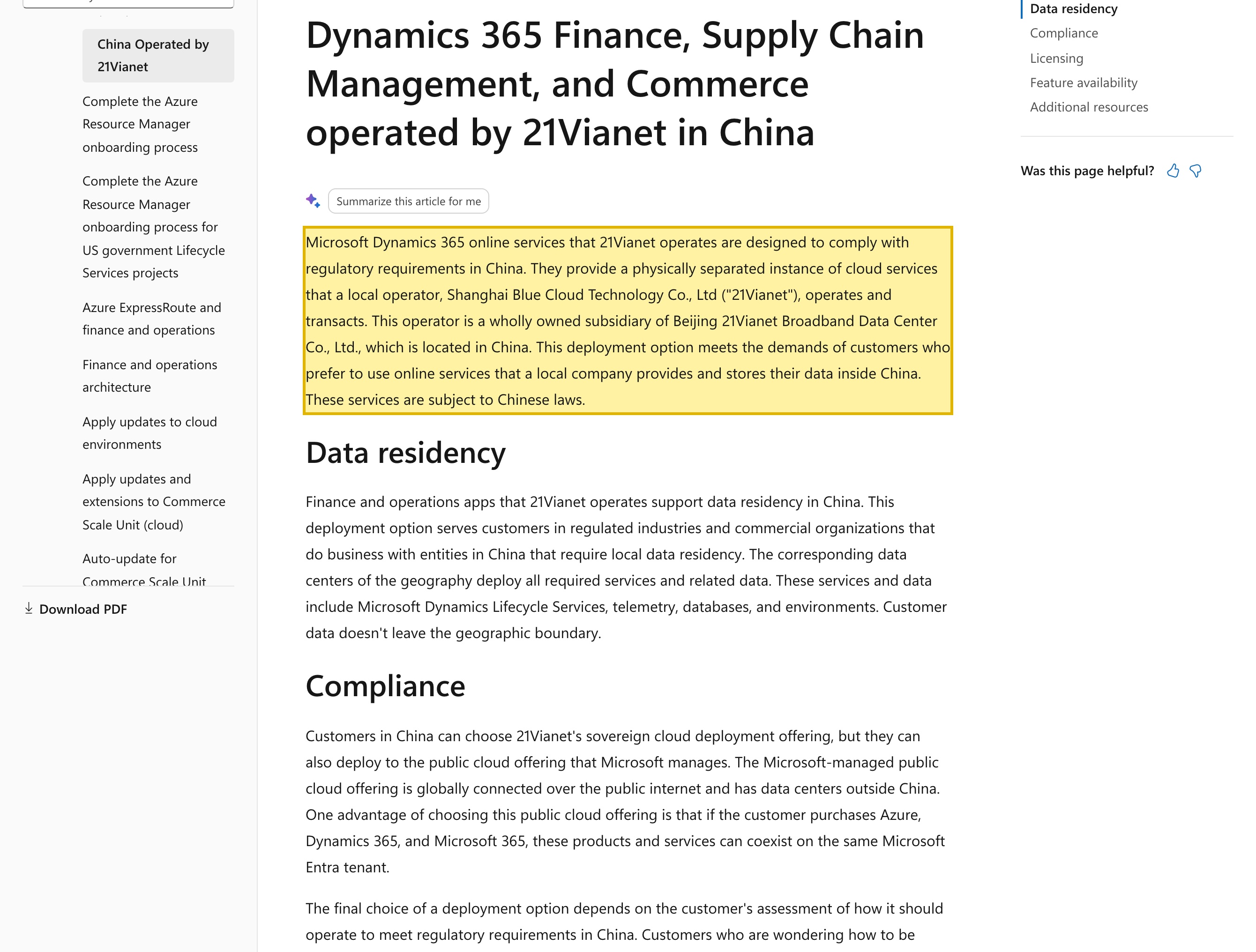 Microsoft Learn article 'Dynamics 365 Finance, Supply Chain Management, and Commerce operated by 21Vianet in China' stating the service is a physically separated instance run by a local operator, supports data residency in China, keeps customer data within the geographic boundary, is subject to Chinese laws, and that some features are not available