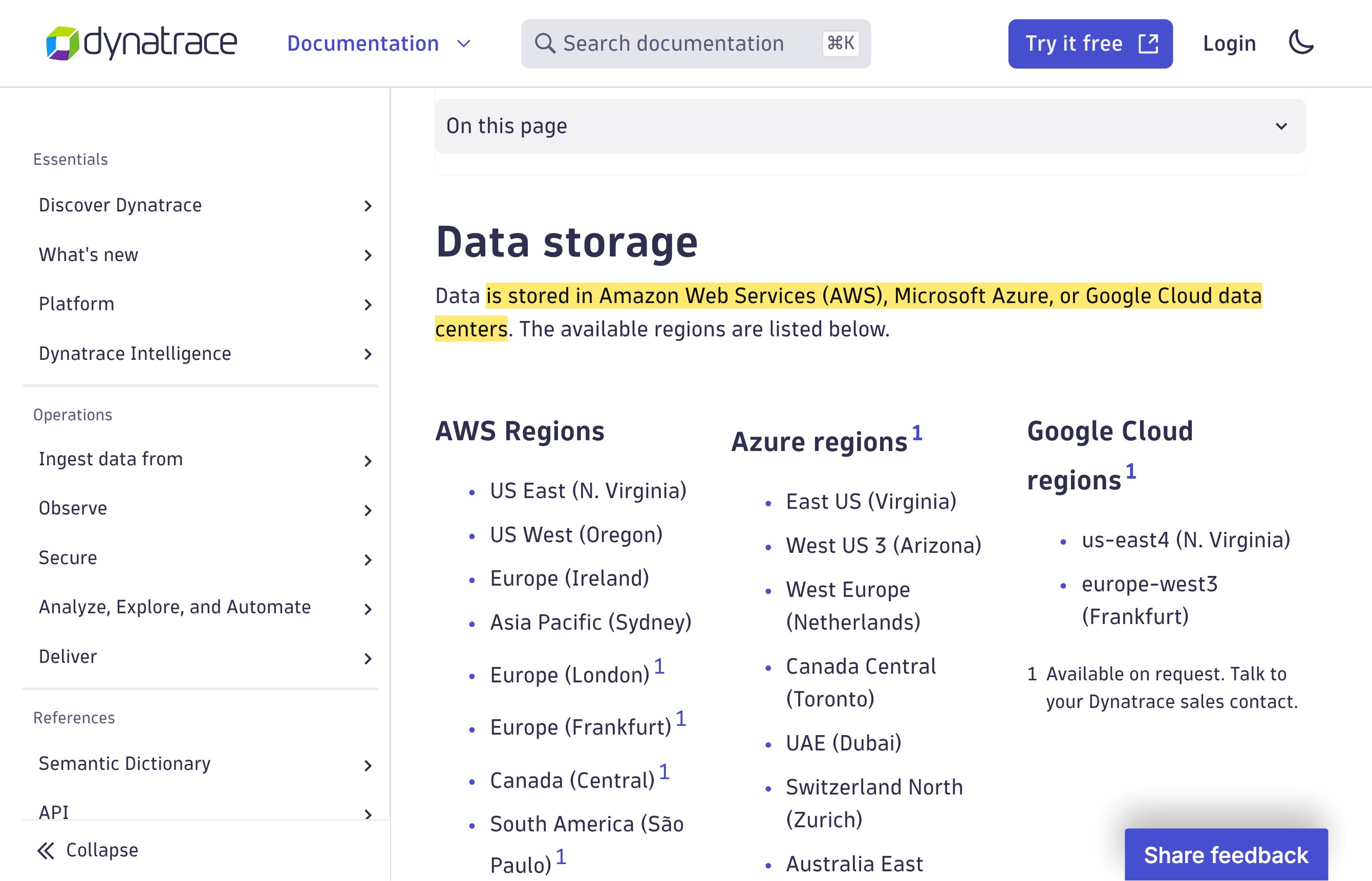 Dynatraceのデータセキュリティのドキュメント。SaaSのデータがAWS、Microsoft Azure、またはGoogle Cloudのデータセンターに保存され、リージョンの一覧が米国・ヨーロッパ・中東・アジア太平洋にまたがること、そして中国本土の拠点はないことを記載
