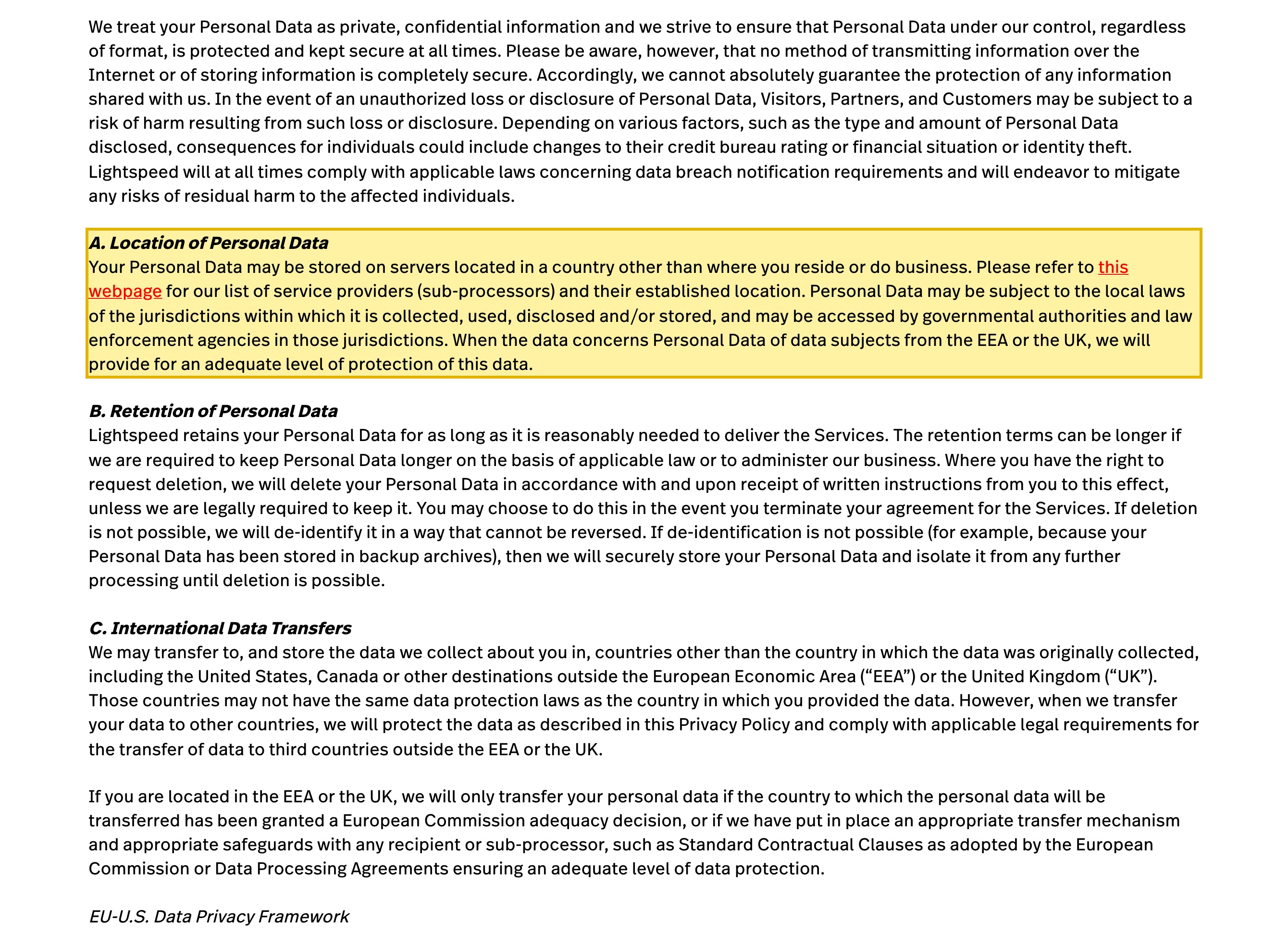 Ecwid's privacy policy stating that personal data may be stored on servers located in a country other than where you reside, and may be transferred to the United States, Canada or other destinations outside the EEA — with no mainland-China region named